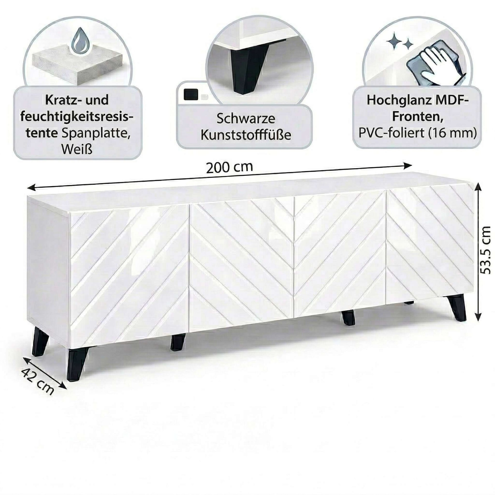 GOODproduct Lowboard »HOLLY 2.0, TV-Board, TV-Kommode, TV-Schrank, TV-Unterschrank, TV-Möbel« Modernes lackiertes Hochglanz TV-Board, grifflos, Breite 200 cm