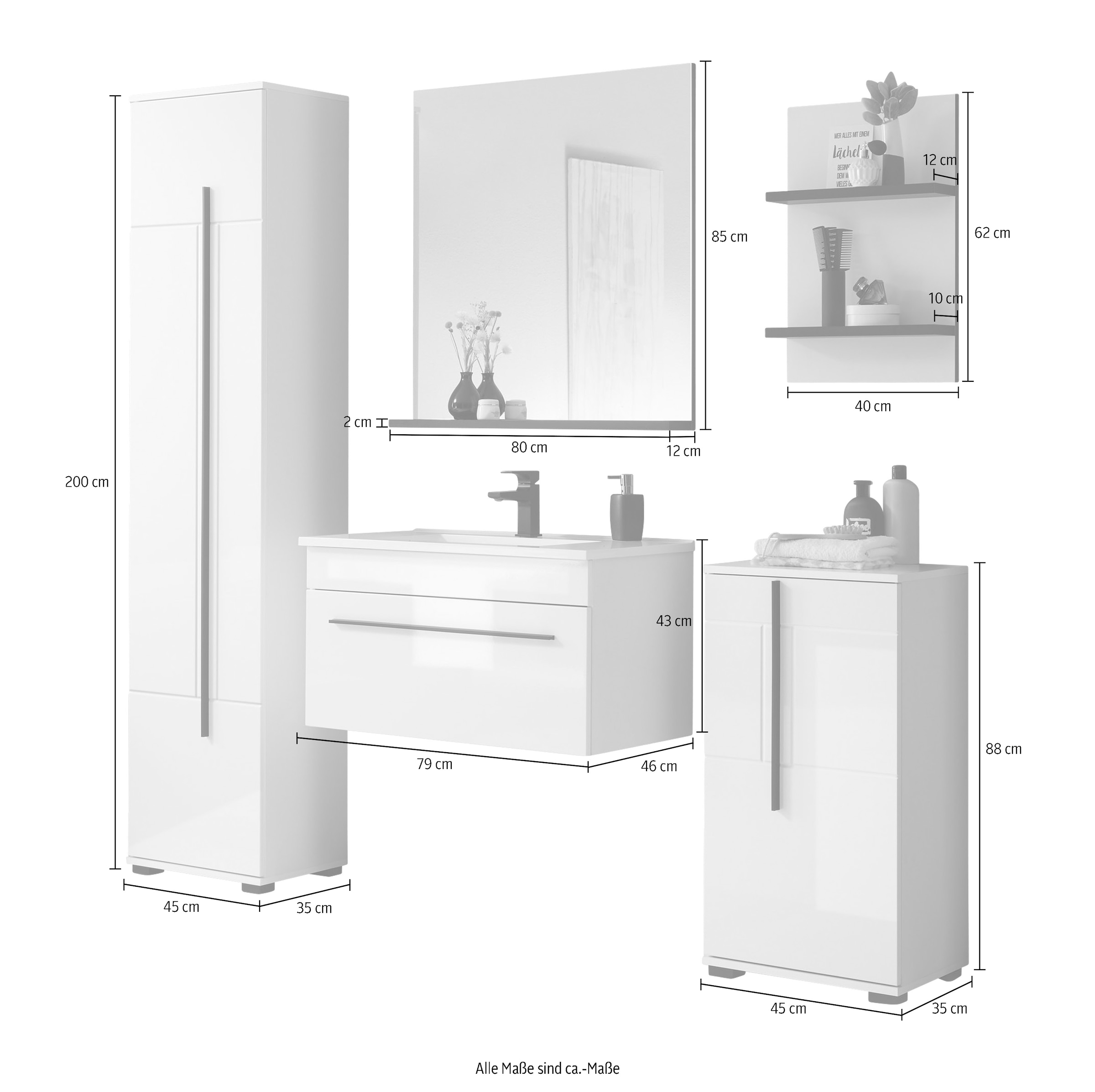 INOSIGN Badmöbel-Set »Cantara, Bad im modernen Design, 5-teiliges Badezimmer«, (Set, 5 St.), Waschtisch, Schränke, Hängeregal und Spiegel, in Weiss Hochglanz
