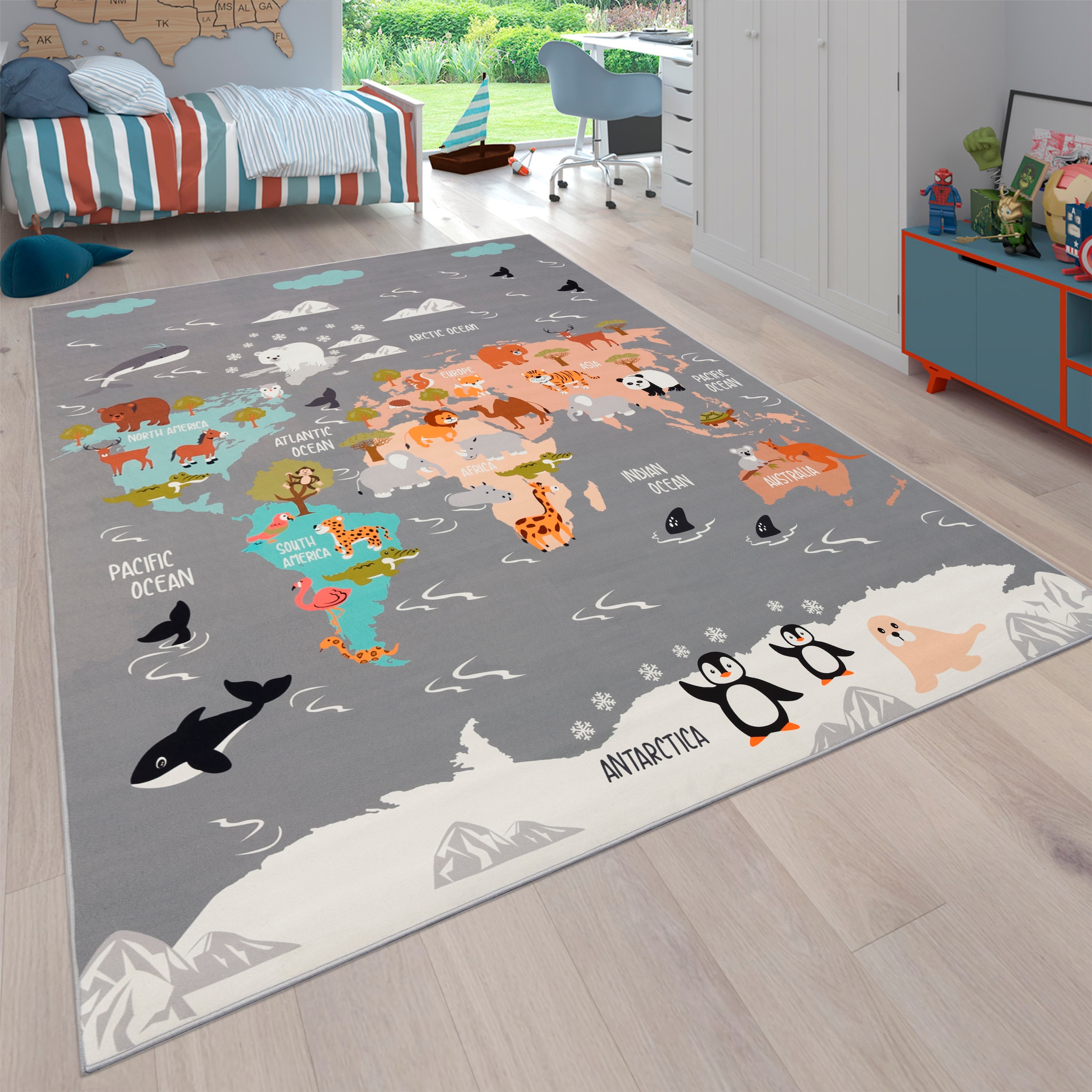 Image of Paco Home Kinderteppich "Bino 581" rechteckig 4 mm Höhe Spielteppich, Motiv Weltkarte & Tiere, Kinderzimmer