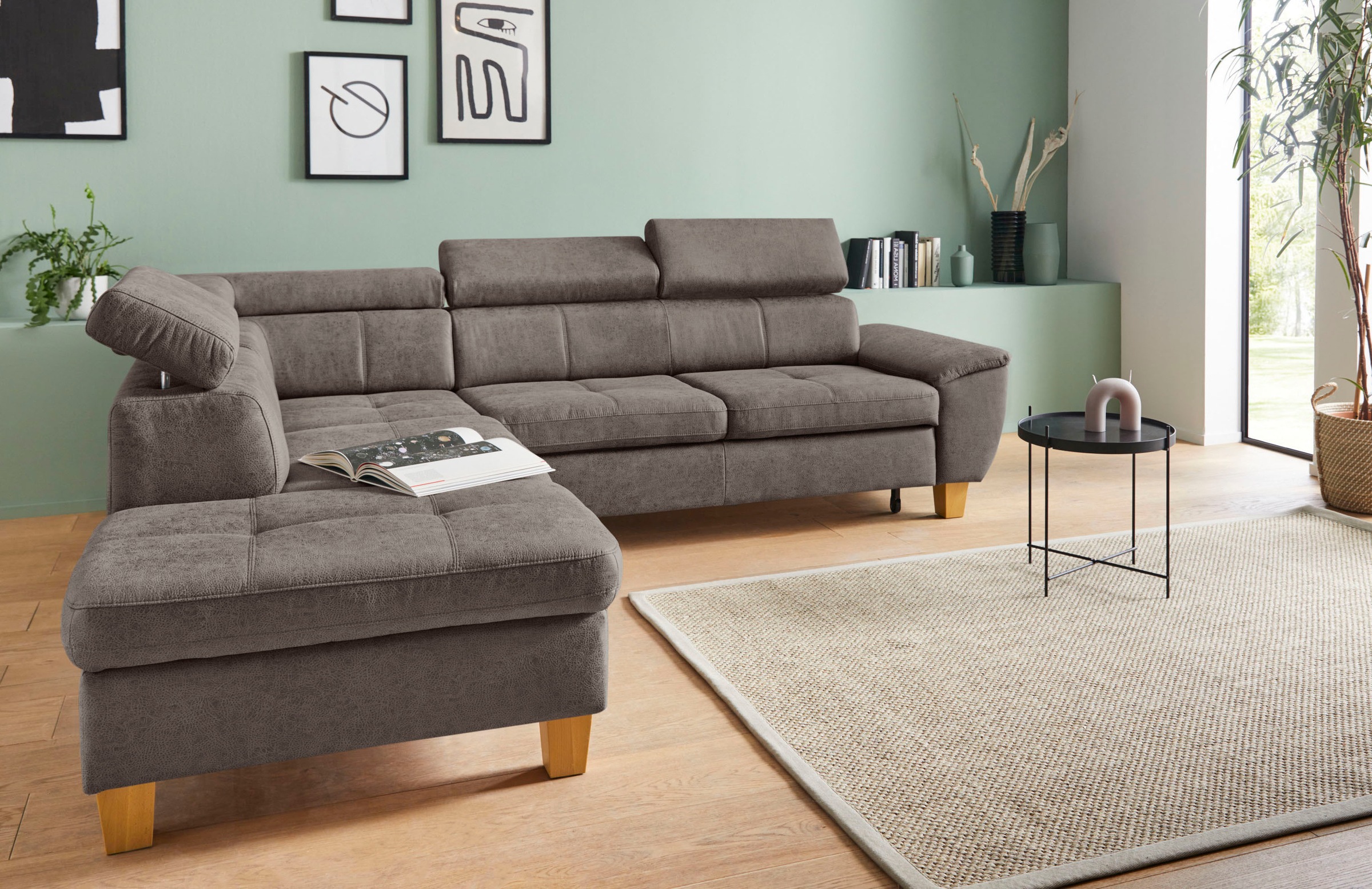 exxpo - sofa fashion Ecksofa »Enya, aufwendige Detailverarbeitung, hoher Sitzkomfort, bequem, L-Form«, mit Kopfteilverstellung, wahlweise Bettfunktion u. Bettkasten