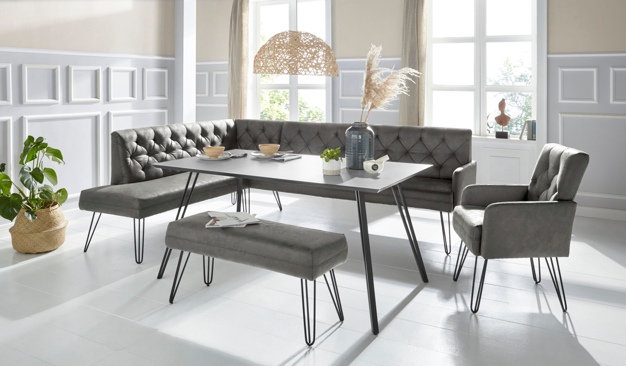 exxpo - sofa fashion Eckbank »Doppio, Chesterfield Optik, komfortabel und bequem, hohe Designfüsse«, Frei im Raum stellbar