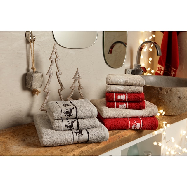 my home Handtuch Set »Weihnachten«, Set, 3 tlg., Walkfrottee, mit Sternen &  Bordüre, weihnachtliches Handtuchset, 100% Baumwolle Trouver sur