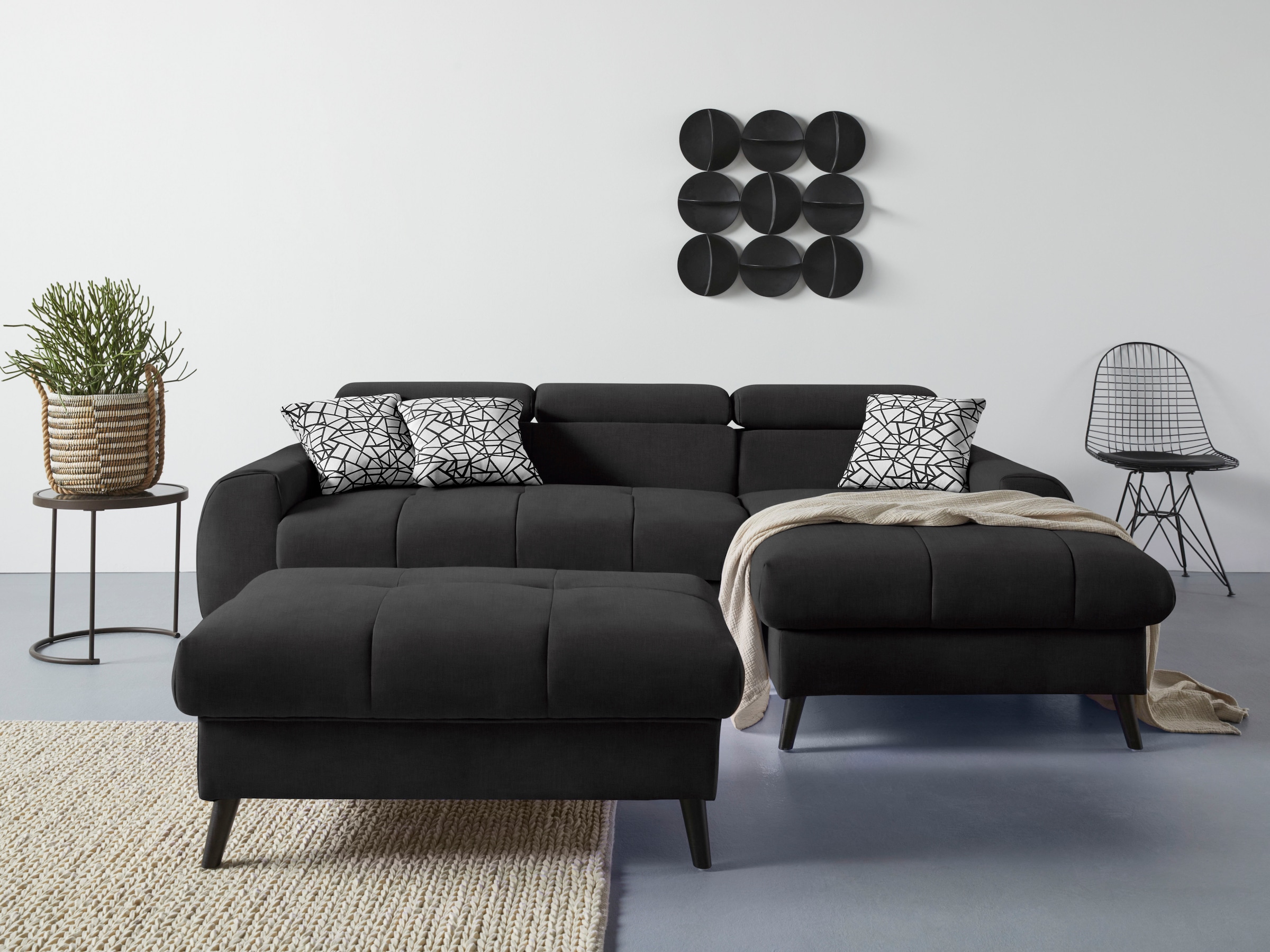 COTTA Ecksofa »Mia L-Form mit 3 Zierkissen«, wahlweise mit Bettfunktion, Bettkasten, Beleuchtung & Wireless-Charger