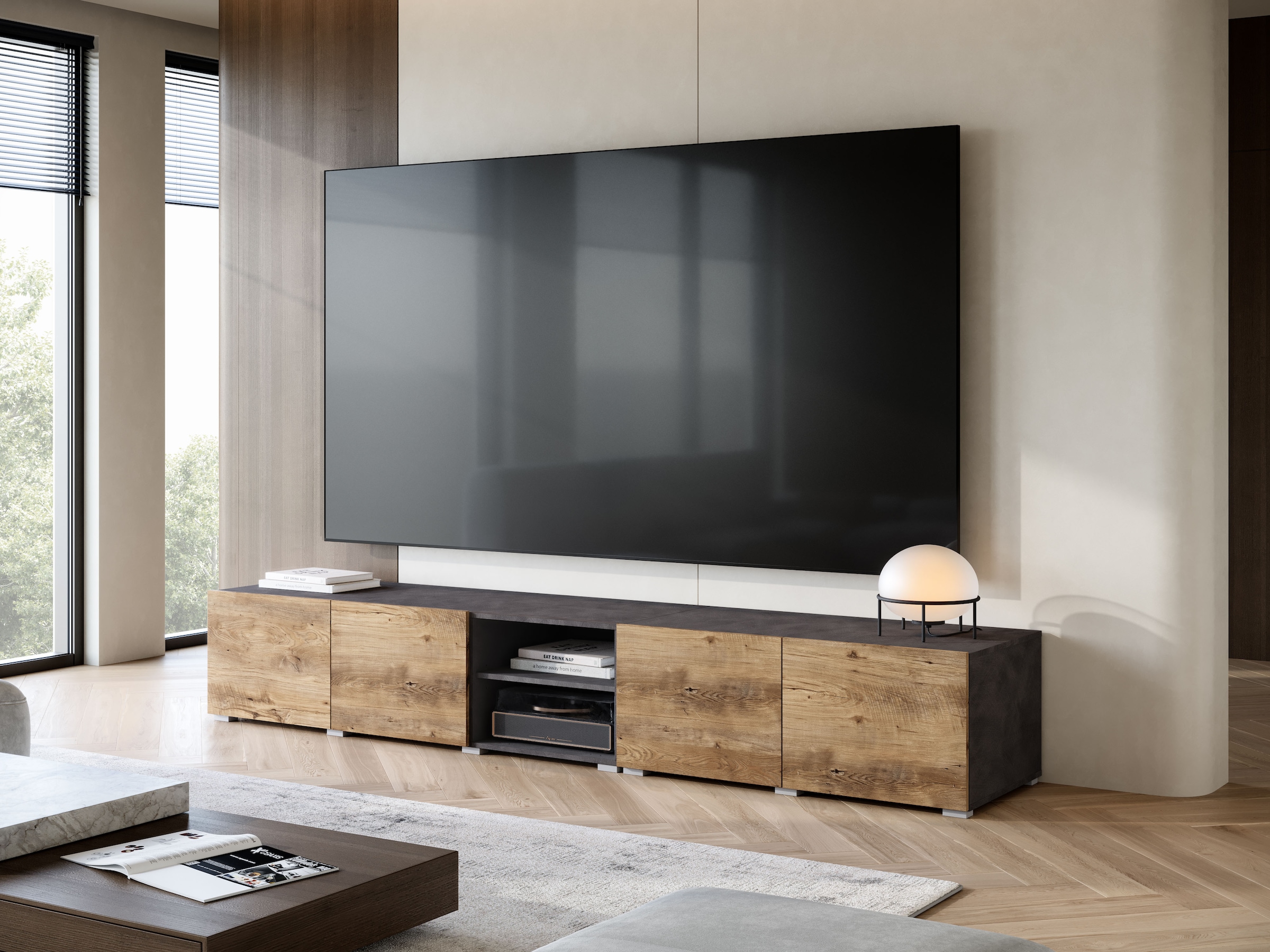 GOODproduct Lowboard »Denver 250 cm für bis zu 98-Zoll TVs - Weltmeisterschaft im XXL Format« Wahlweise mit oder ohne offenes Fach in der Mitte