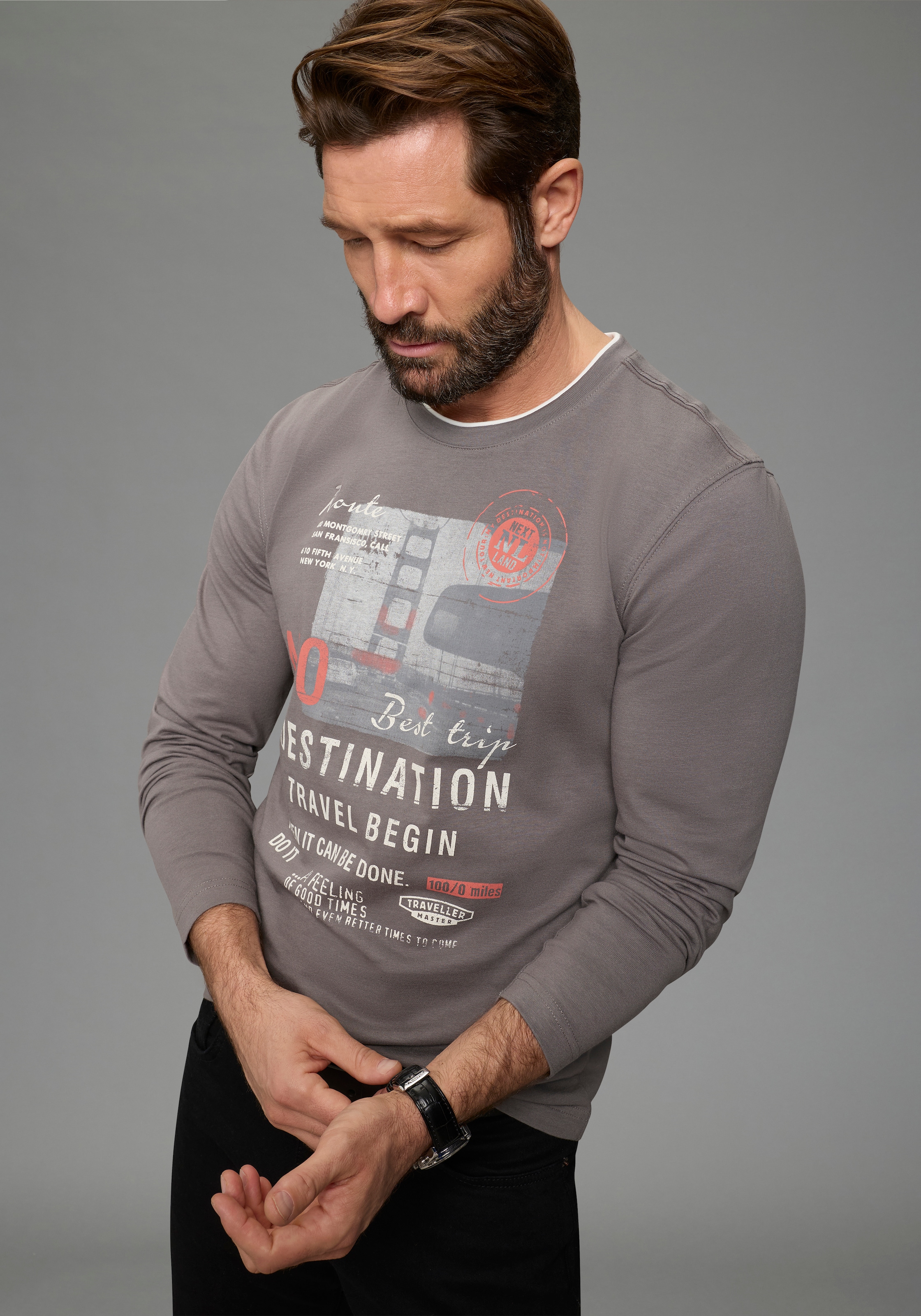 Man's World T-shirt à manches longues »neue Farbe!« Langarm,  bedruckt,  Rundhalsausschnitt,  aus 100% Baumwolle