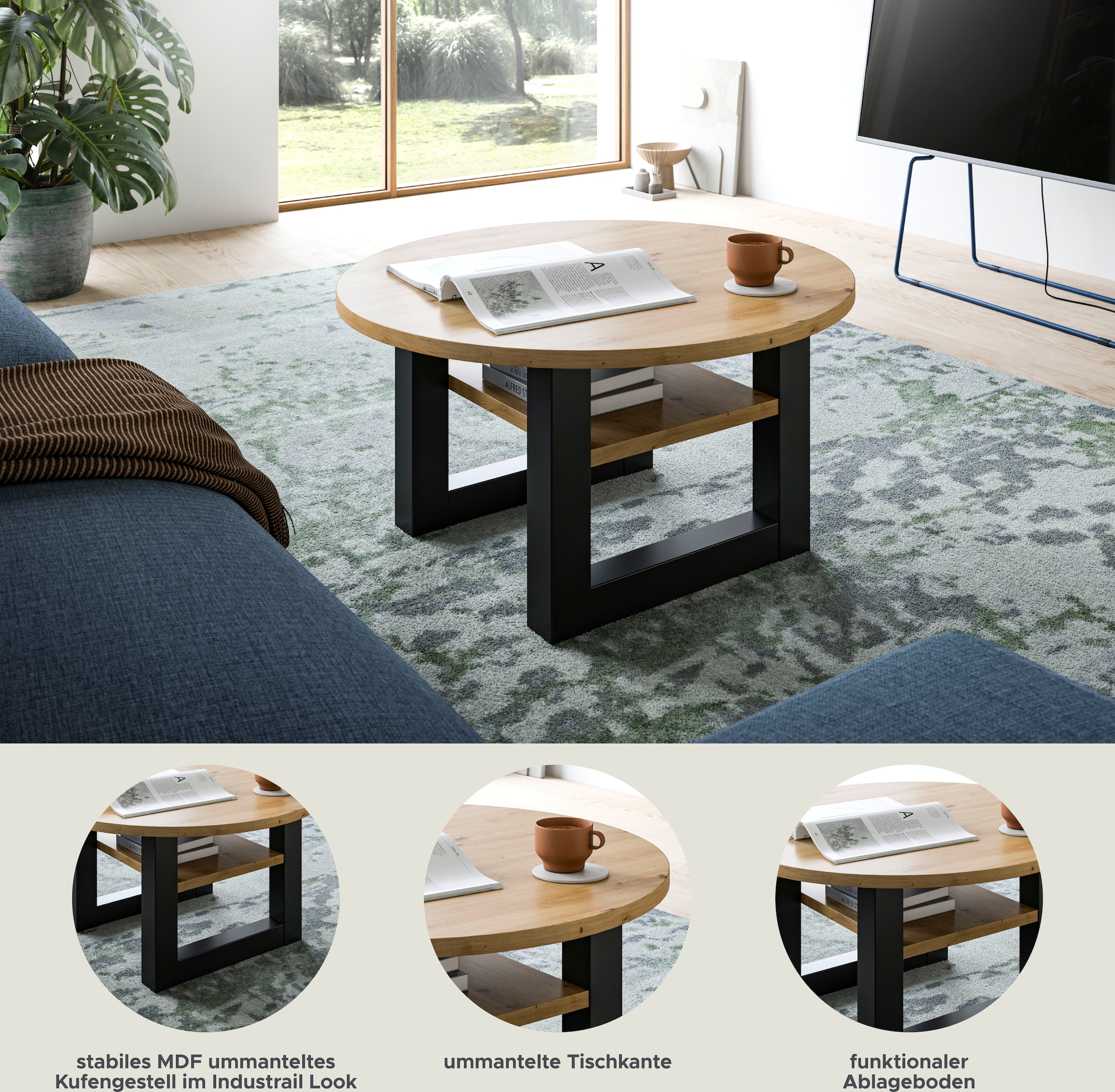 INOSIGN Couchtisch »Rail, Ø 75 cm, mit Ablageboden, inklusive Kufengestell«, Wohnzimmertisch, Beistelltisch
