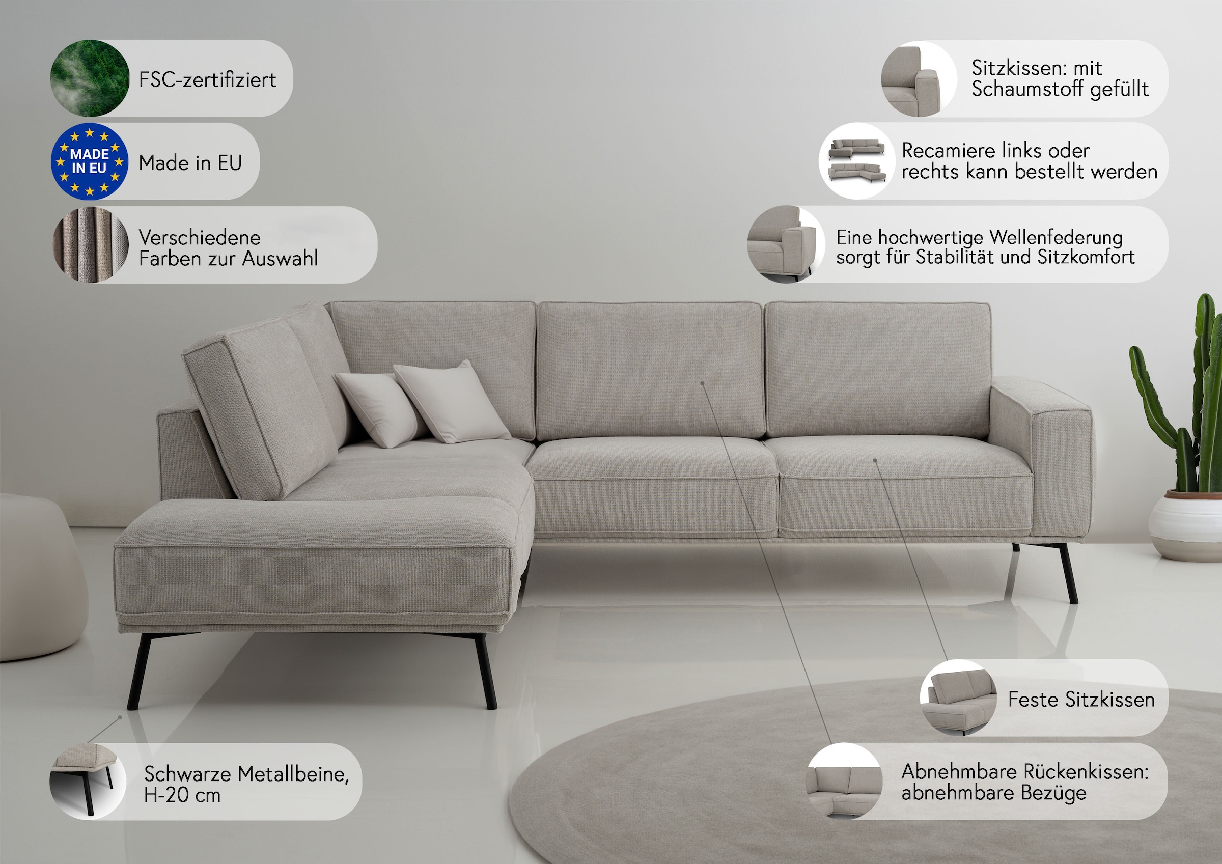 GOODproduct Canapé d'angle »Vosby« 260 cm, Chenille,  mit dekorativer Kedernaht, Wellenunterfederung