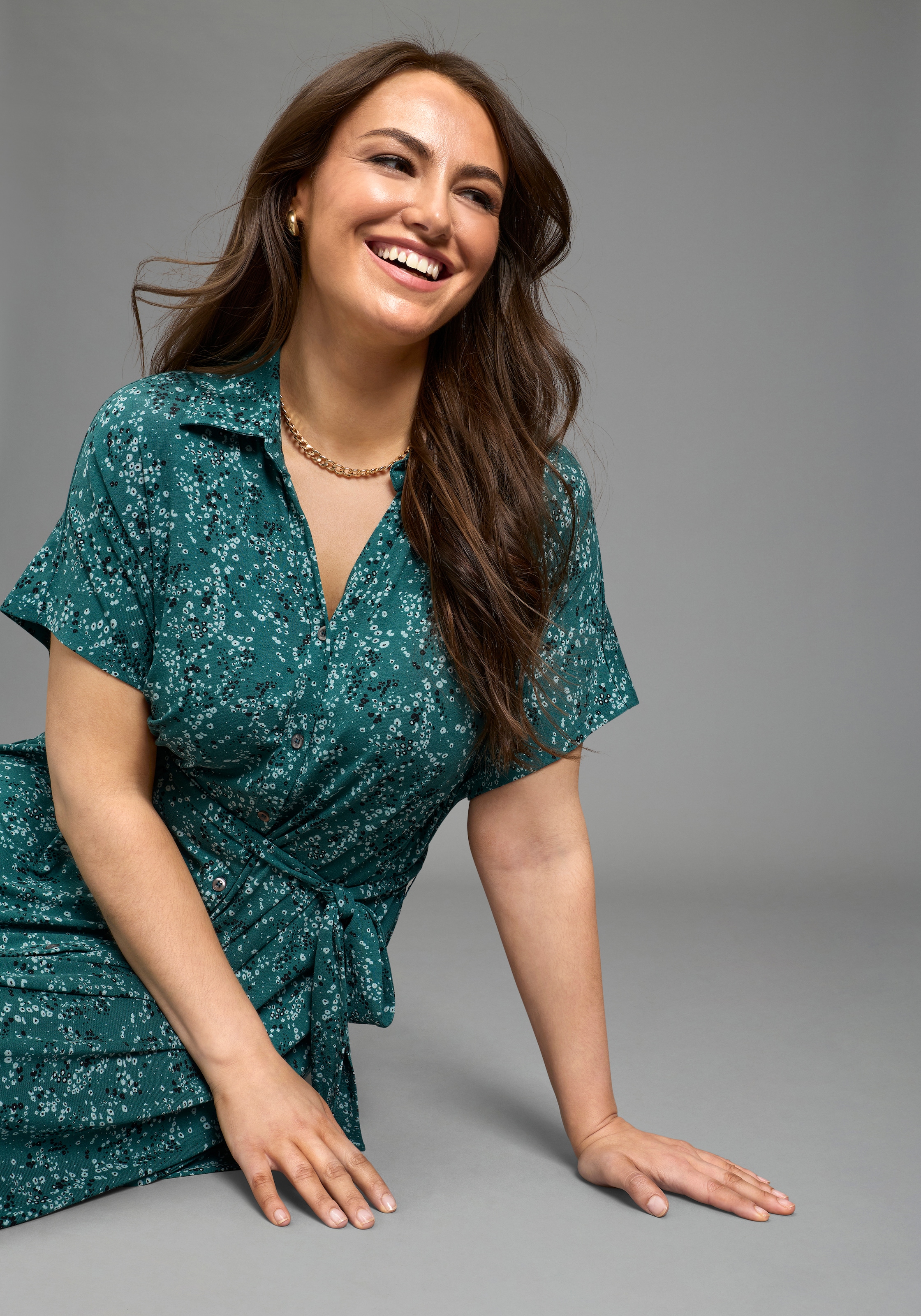 Laura Scott CURVE Robe en jersey in A-Linie mit Hemdkragen, geblümt