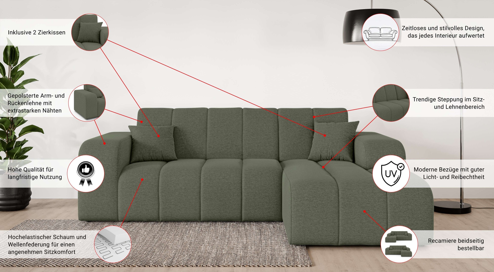 INOSIGN Ecksofa »CASSY L-Form, Schlafsofa mit Bettkasten, Masse B/T/H: 245/165/88 cm«, mit 2 Rückenkissen, Recamiere rechts oder links bestellbar