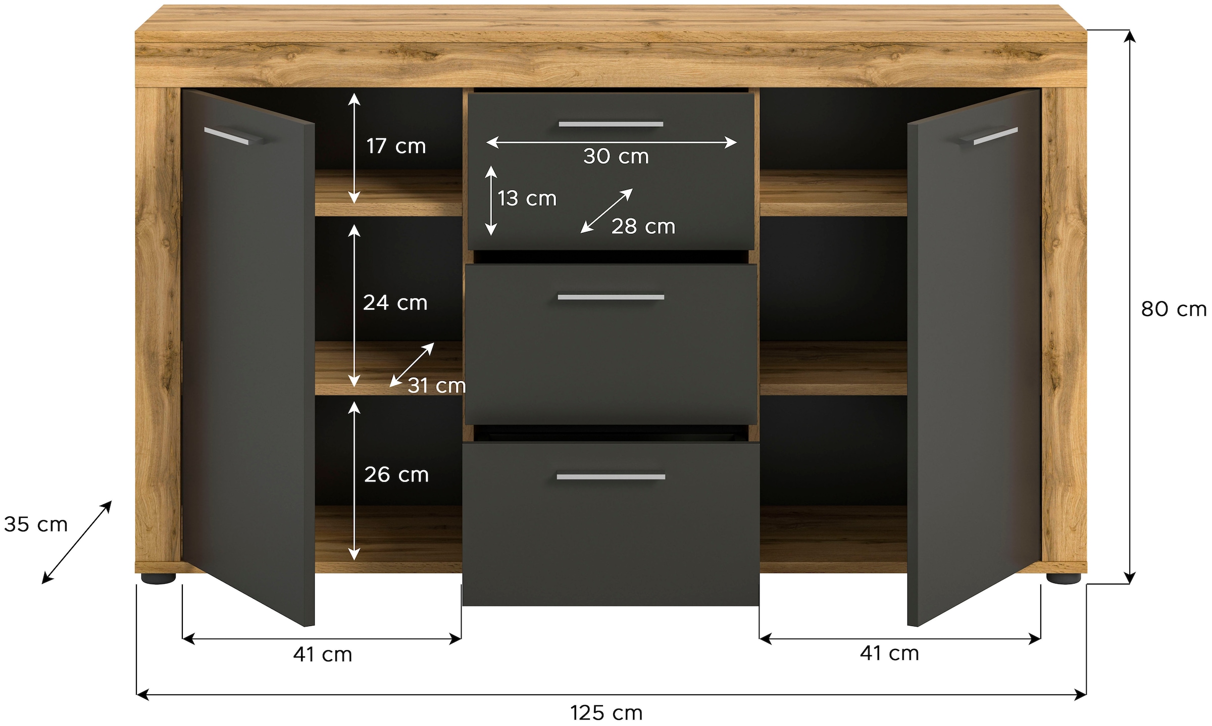 INOSIGN Sideboard »Aosta, Breite 125 cm, in verschiedenen Farbausführungen«, mit 2 Türen und 3 Schubkästen, Wohnzimmer, Kommode, Schrank