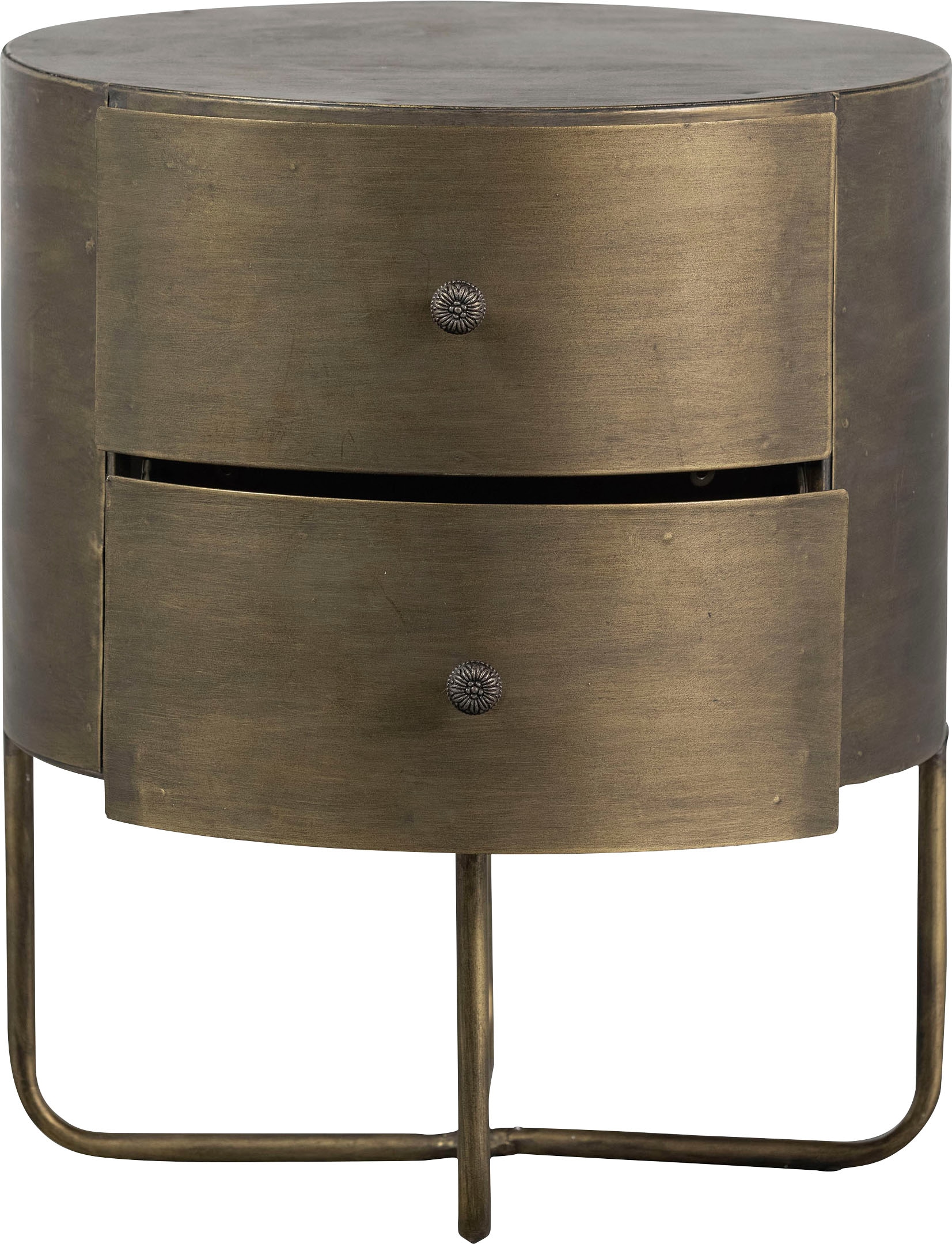 WOOOD Beistelltisch »Glossy Metall Antique-Brass-Beschichtung, H 48 x B 39 x T 39 cm« Zwei Schubladen ohne Schienen, pfleigleicht, fertig montiert geliefert