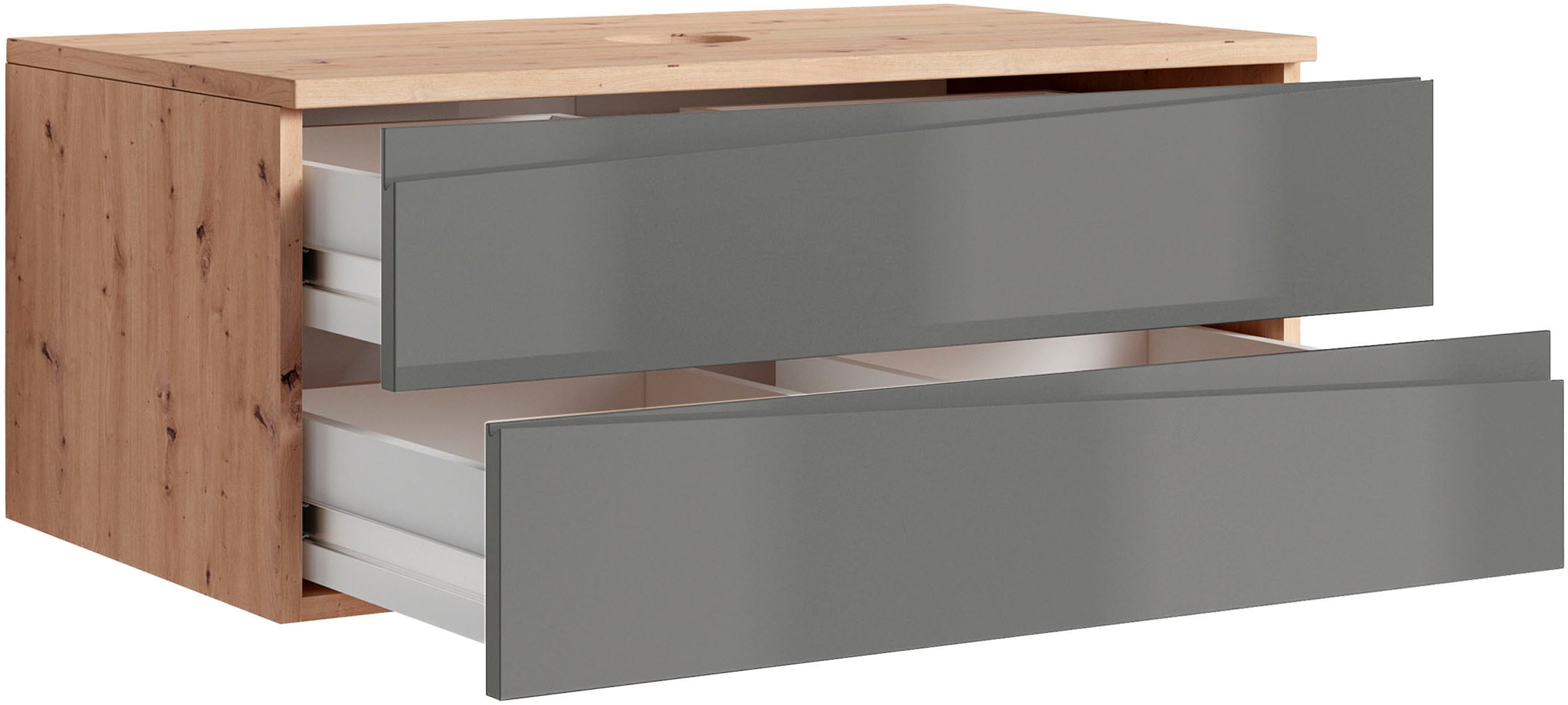 byLIVING Waschbeckenschrank »Shape« 1 Stk. tlg. für Aufsatzbecken mit asymetrischer Hochglanz Front, 2 Schubkästen