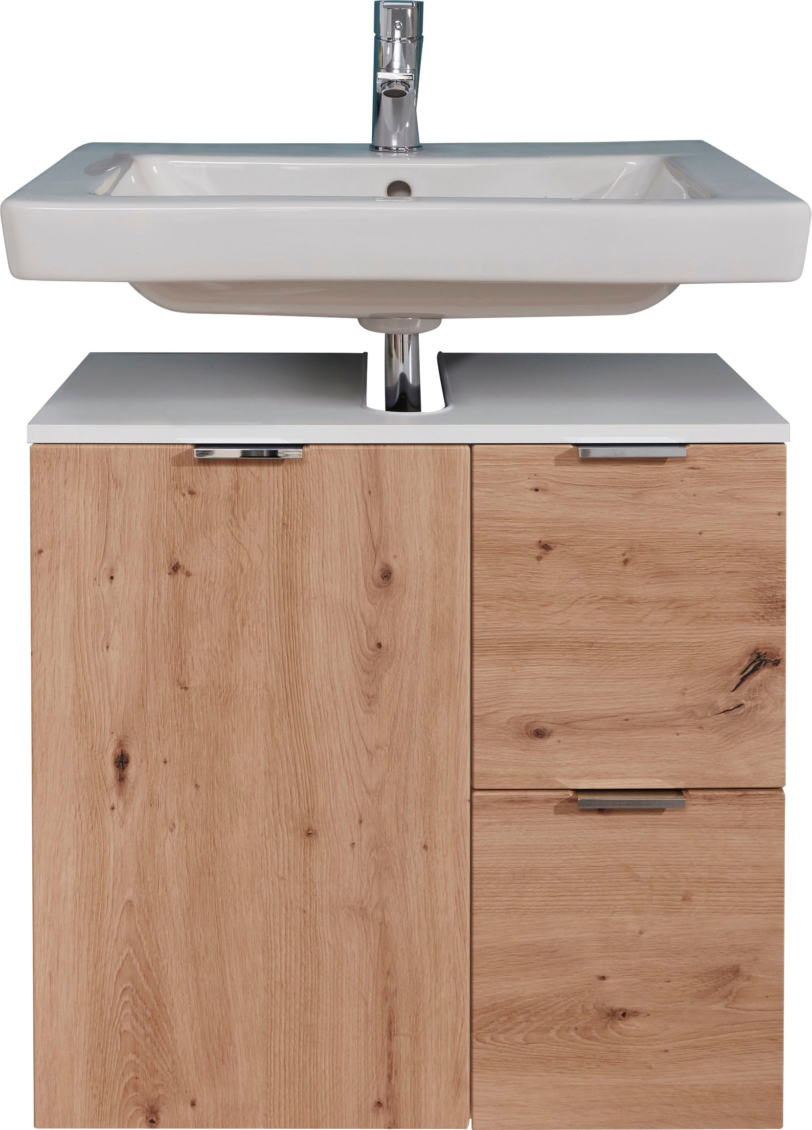 trendteam Waschbeckenunterschrank »Concept One«, Waschtisch mit 2 Fächern und 2 Schubladen in Weiss/Echtholzoptik