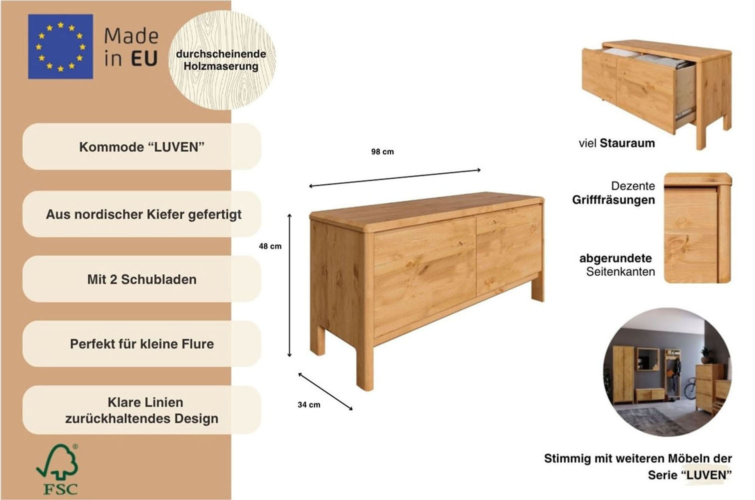 Home affaire Commode »Luven« FSC® zertifiziertes Massivholz, mit 2 Schubkasten