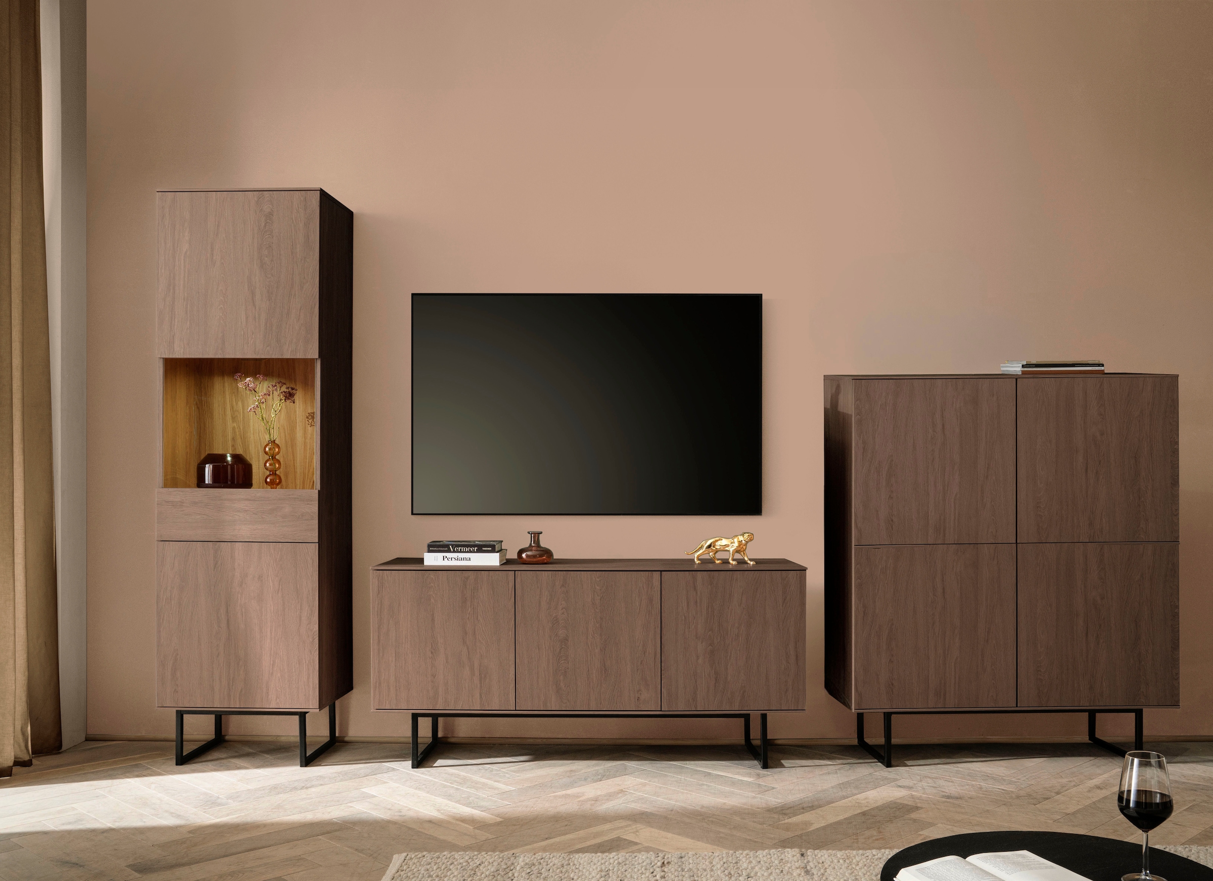 Home affaire Wohnzimmer-Set »Lund, moderne Anbauwand, Wohnzimmer-Set in Stone Oak oder Nussbaum« 3 Stk. tlg.