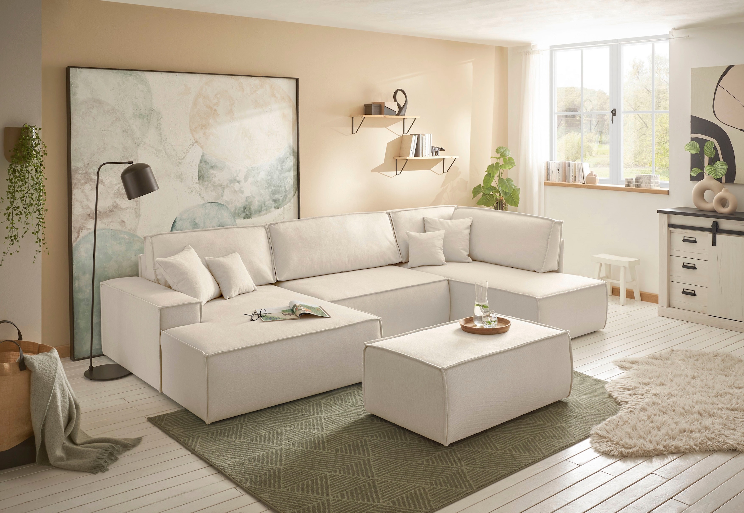 andas Wohnlandschaft »FINNLEY U-Form XXL 329 cm, Schlafsofa, Schlaffunktion m. Bettkasten«, (194/139 cm), Bouclé, Struktur und Cord