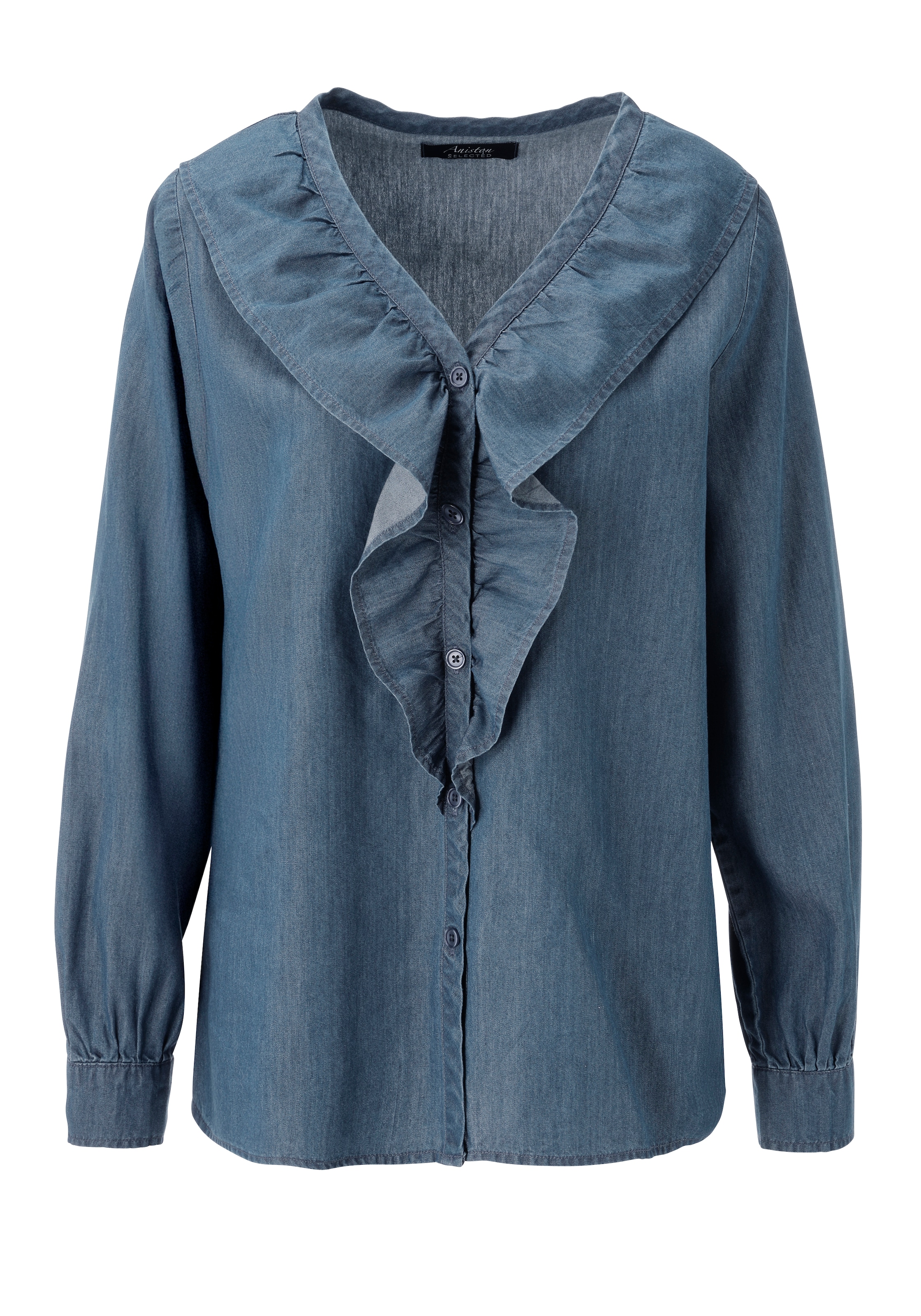 Aniston SELECTED Blouse en jean avec volants au col en V allongeant - NOUVELLE COLLECTION