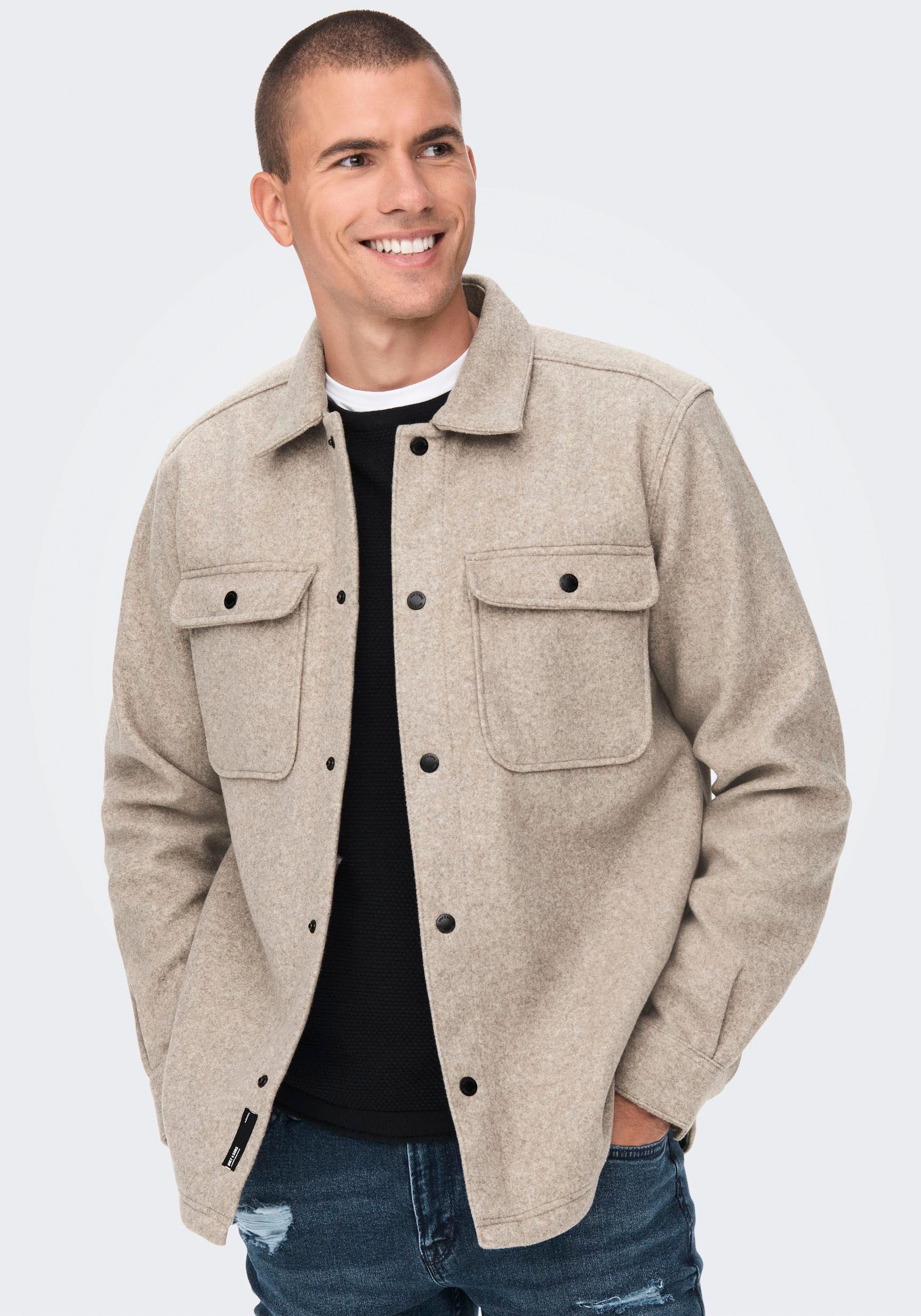 Image of ONLY & SONS "ONSASH OVR WOOLEN LOOK PKT LS SHIRT NOOS" Kunstfaser, regular fit