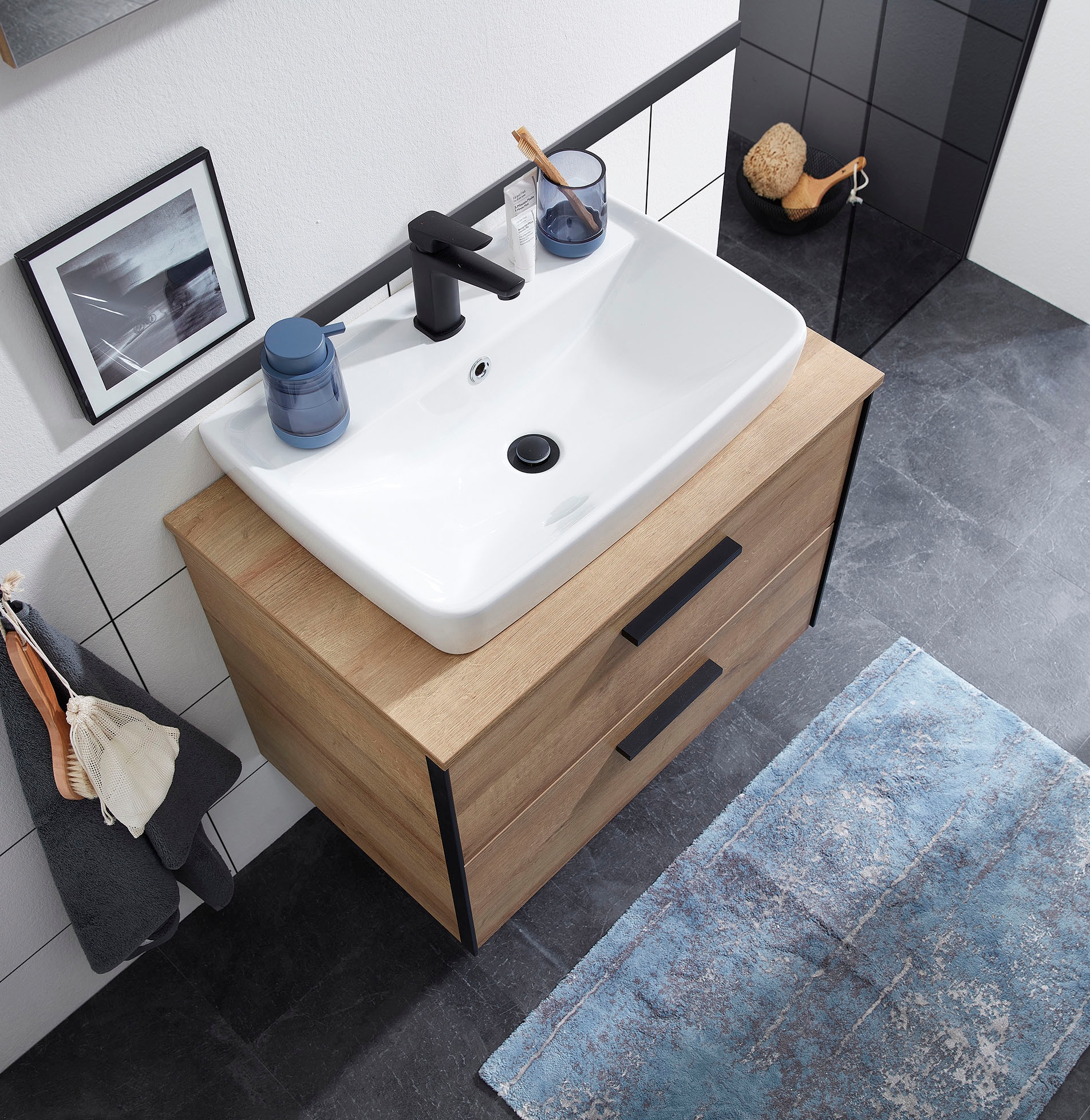 Saphir Ensemble de meubles de salle de bain »Quickset 395 2-teilig, Keramik-Aufsatzbecken mit LED-Spiegel« 4 cuis tlg.