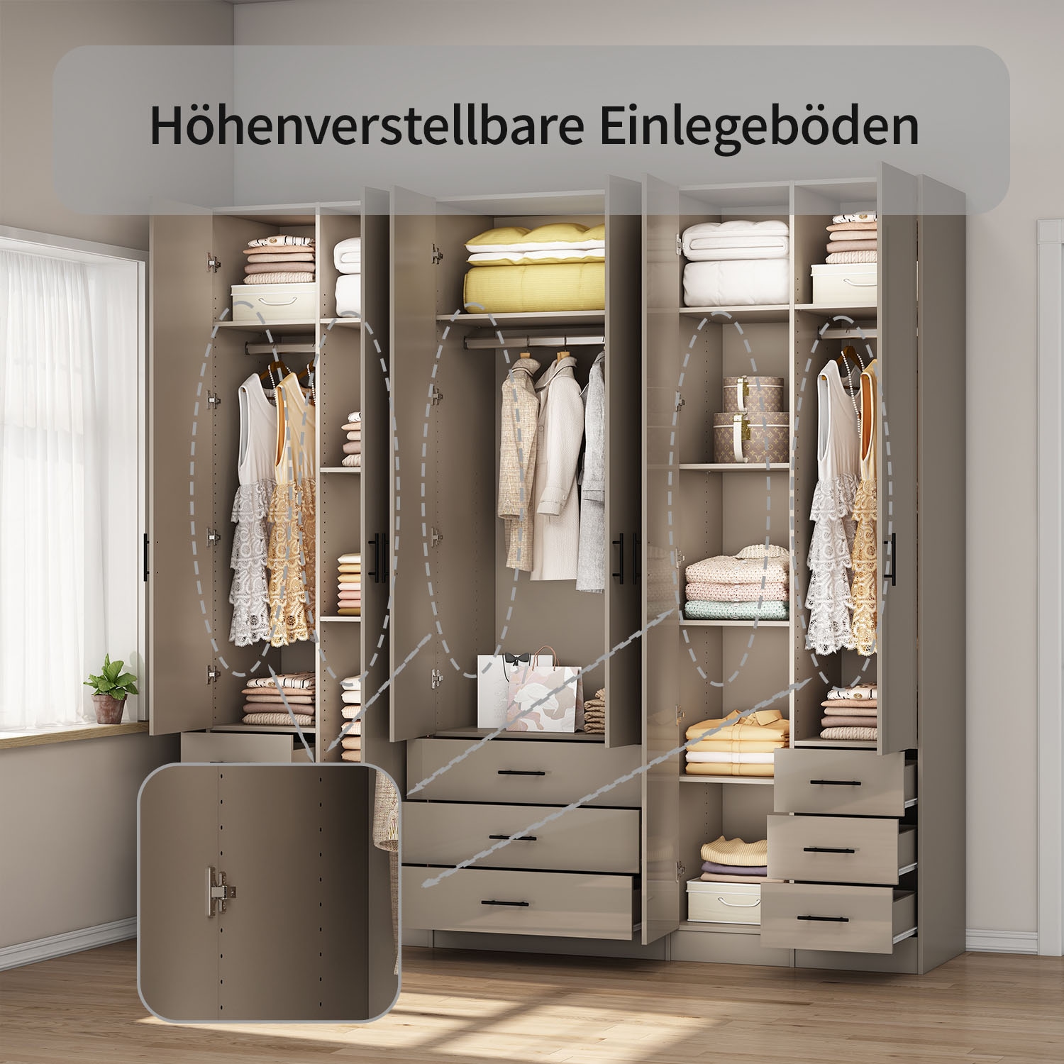 GOODproduct Armoires à vêtements »Trento Schlafzimmerschrank Garderobe hochglanz« in 2 unterschiedlichen Schrankhöhen wählbar,  Schrank mit 6 Türen und 9 Schubladen, Hochglanz-Fronten, 2,39m Höhe