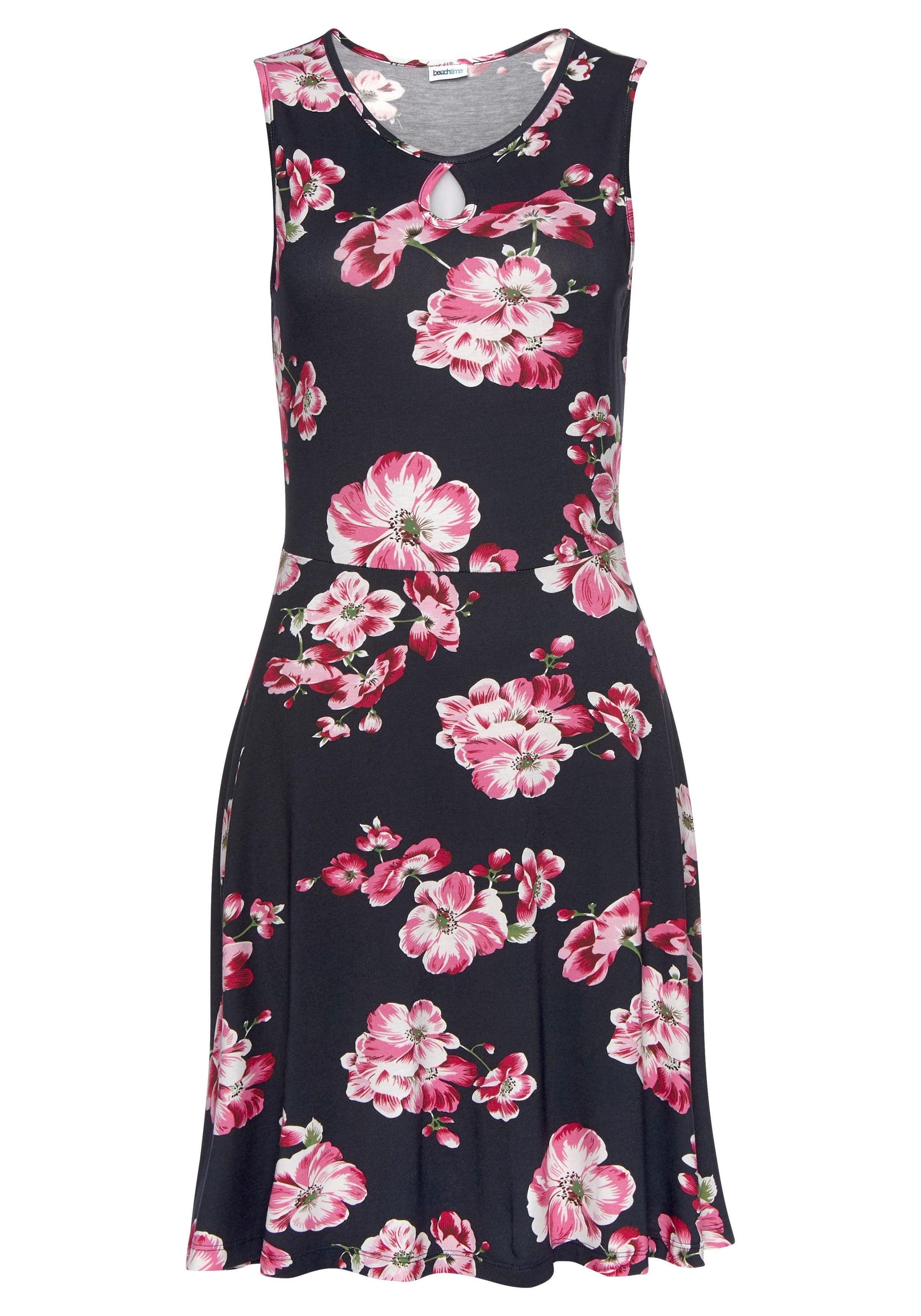 Beachtime by Lascana Sommerkleid "mit Blumenprint, tropfenförmiger Ausschnitt, taillenbetonter Schnitt" Ohne Taschen Elastisches Jerseykleid, Strandkleid, Blumenkleid aus Viskose