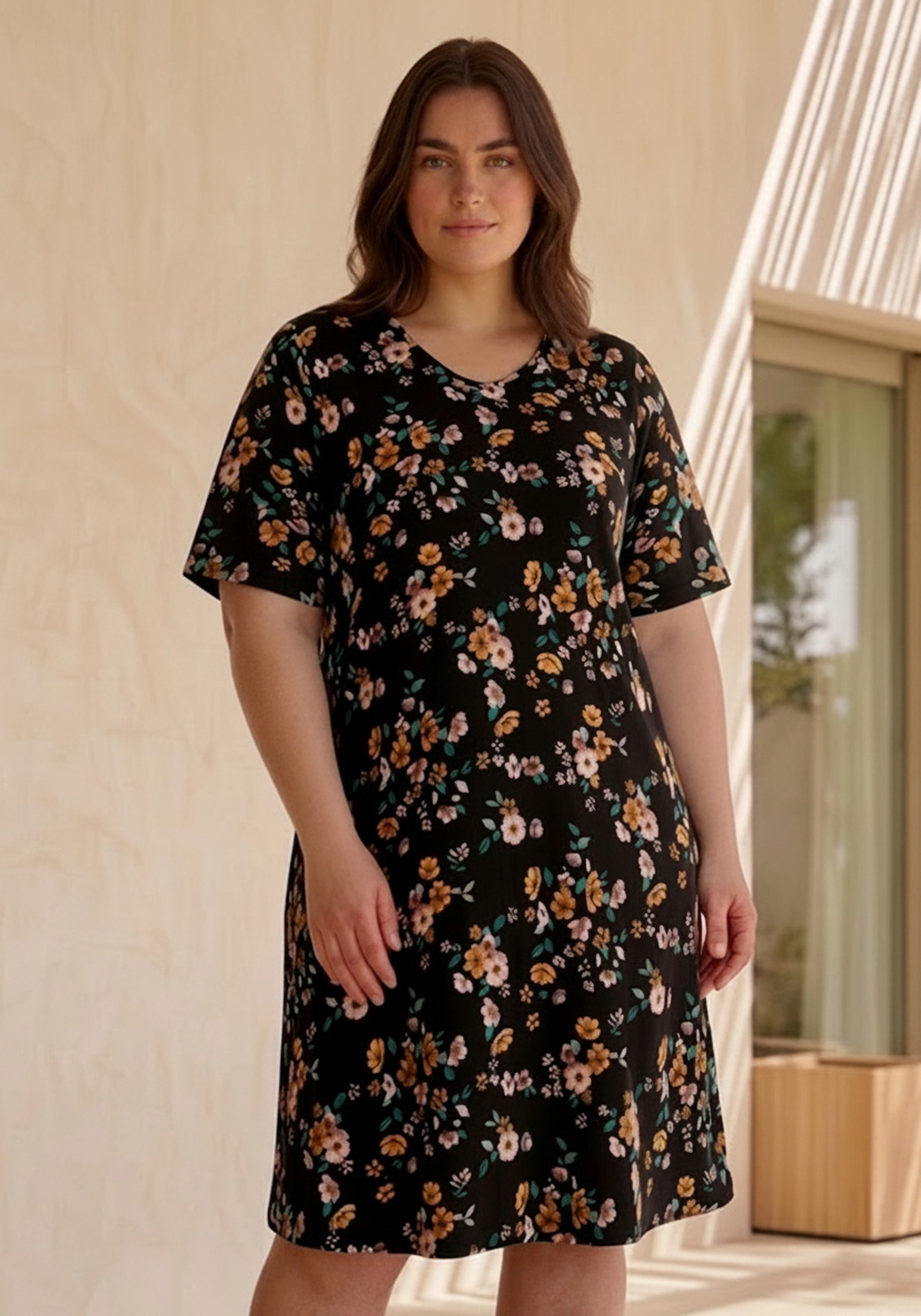 Image of Laura Scott CURVE Jerseykleid "Grosse Grössen" in geblümter Optik, für vielseitige Alltagsmomente, A-Linie Passform