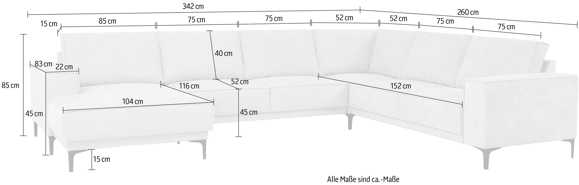 Places of Style Wohnlandschaft »XXL Sofa Oland, Struktur, Flachgewebe, Luxus-Microfaser, Boucle«, U-Form, 342 cm, Wellenunterfederung, Skandi-Design, Metallfüsse