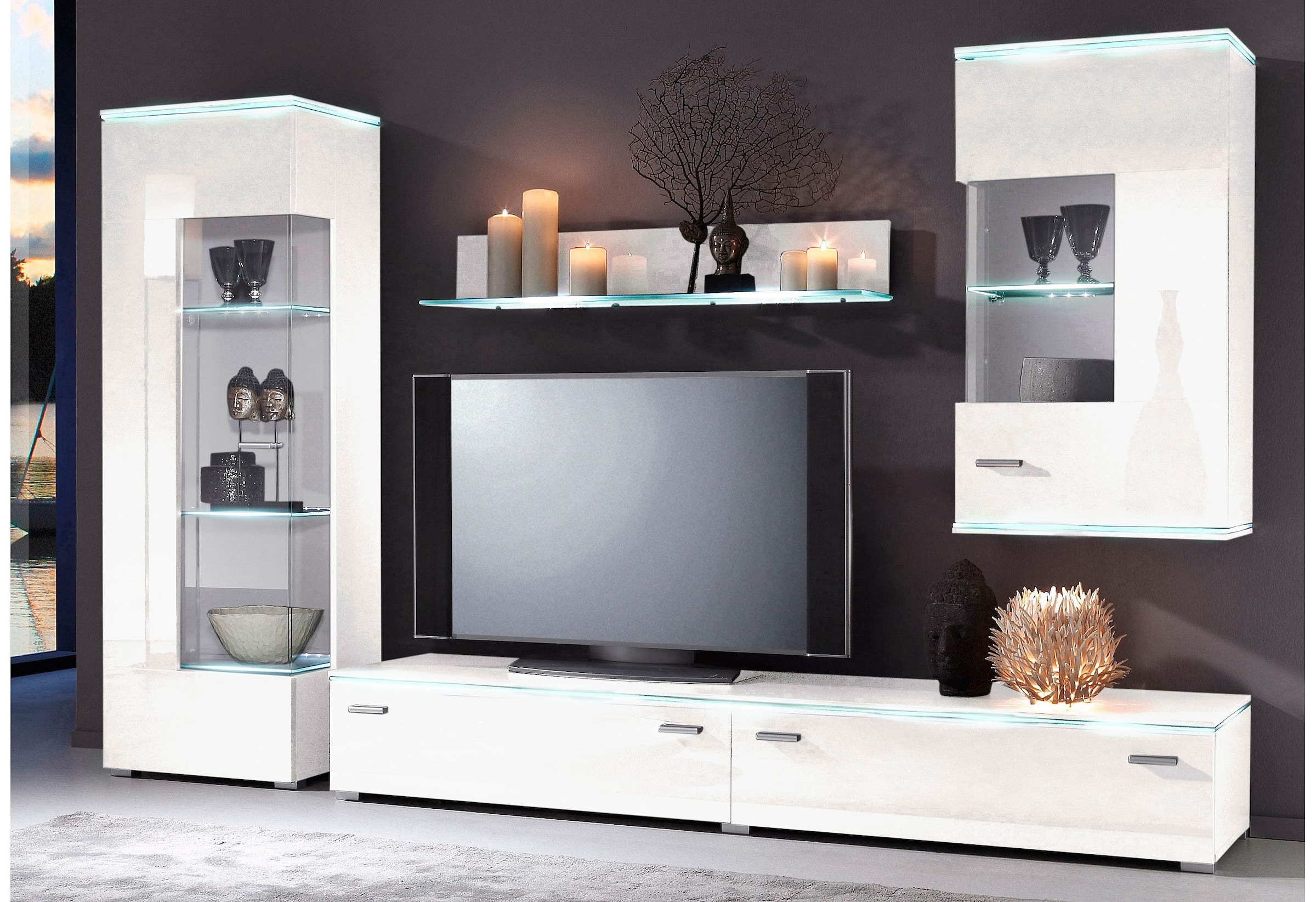 Höltkemeyer Wohnwand »Happy« Set besteht aus 1 Standvitrine, 1 Hängevitrine, 1 Lowboard und 1 Wandregal, 