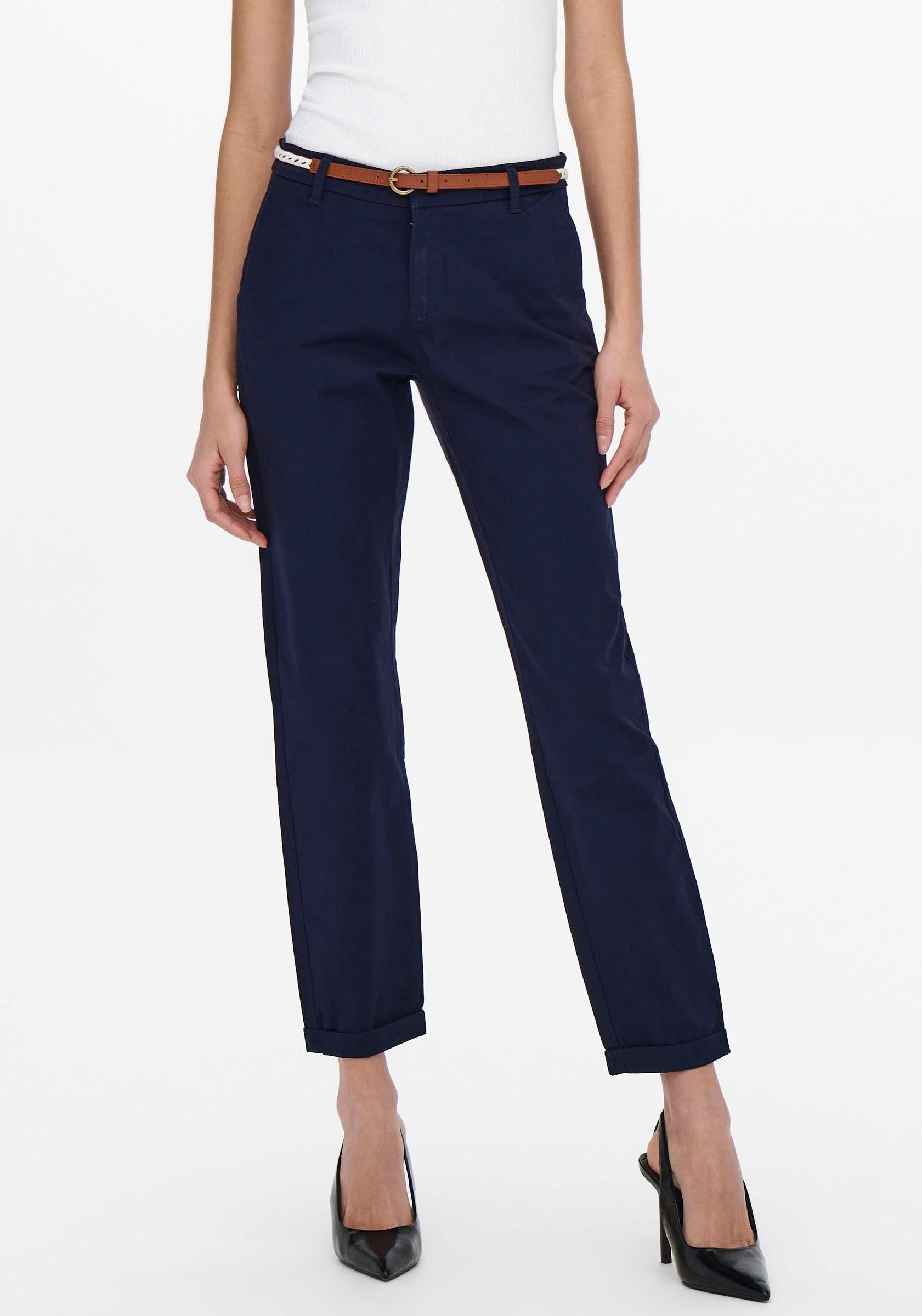 ONLY Chinohose »ONLBIANA – Chinohose mit Gürtel und Umschlagsaum«  slim fit, modisch, Web, Baumwollmischung
