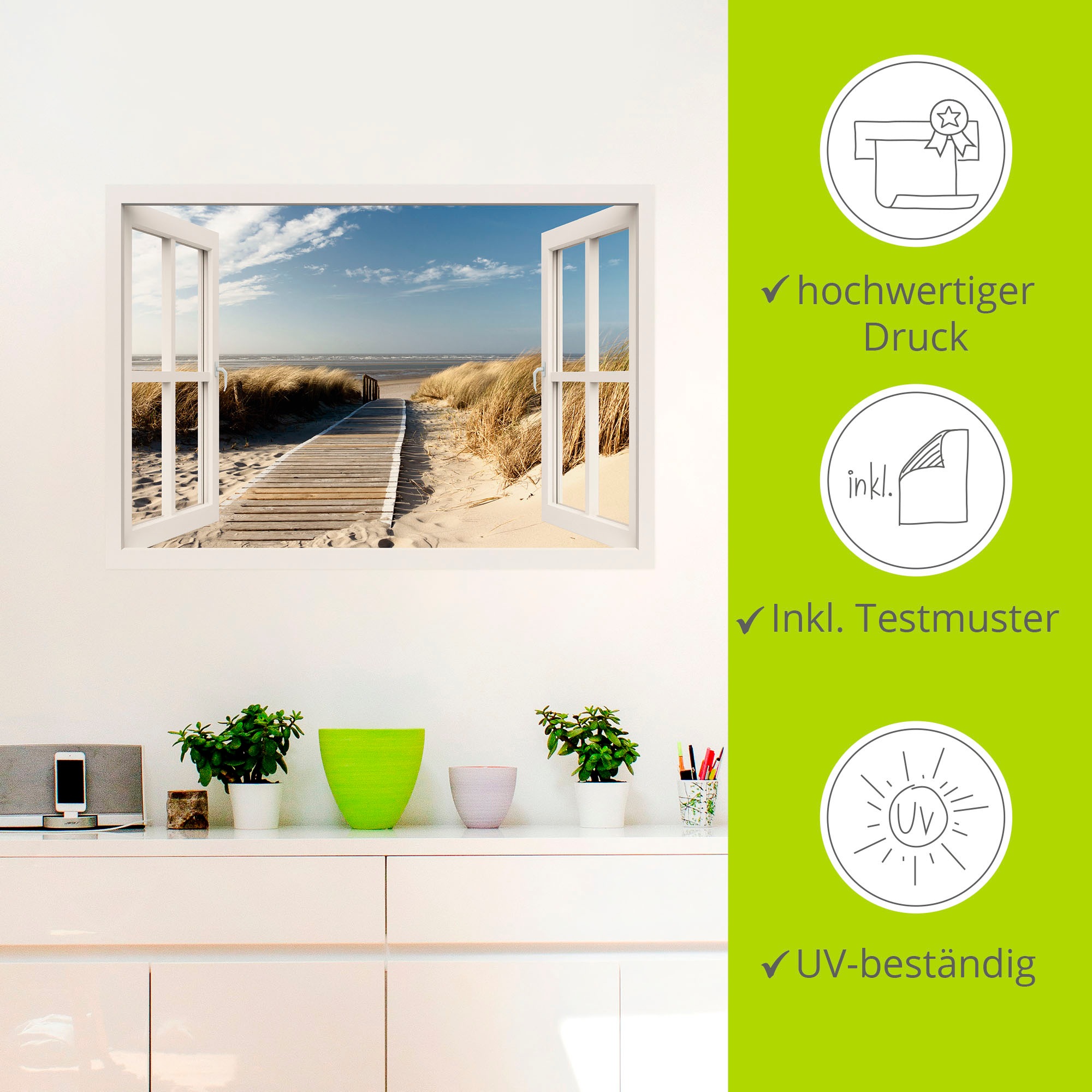 Artland Wandbild »Fensterblick Nordseestrand auf Langeoog«, Fensterblick, (1 St.), als Leinwandbild, Poster, Wandaufkleber in verschied. Grössen
