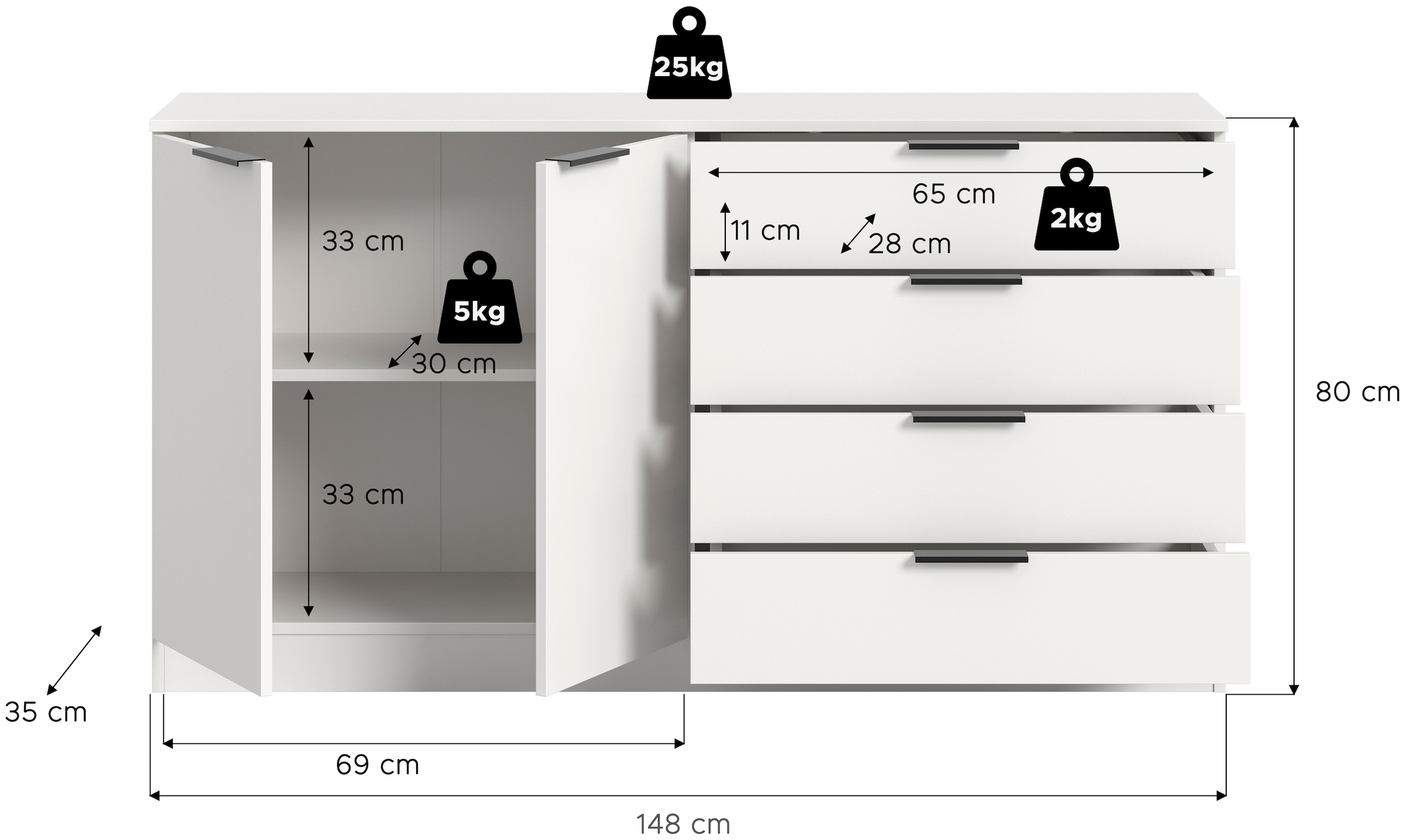Home affaire Sideboard »SKARDE, Breite 148 cm, 4 Schubkästen, 2 Türen, viel Stauraum« in verschiedenen Farben und Breiten erhältlich, individuell einsetzbar,  Kommode, Anrichte, Schubkastenkommode, Schuhschrank, Schrank