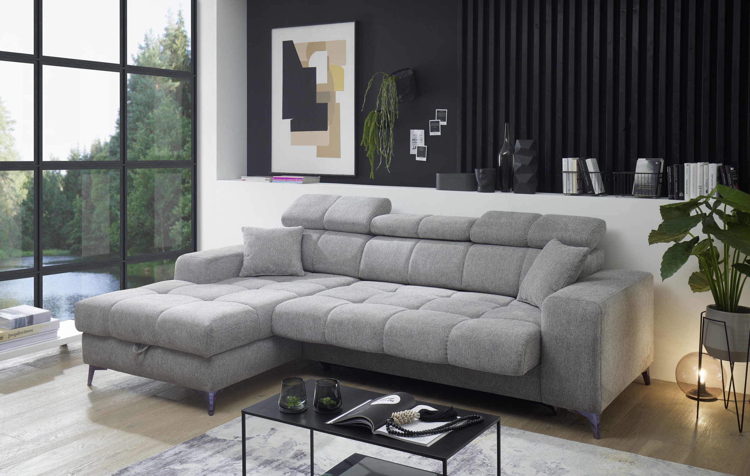 ED EXCITING DESIGN Ecksofa »Sydney L-Form mit Bettfunktion, Bettkasten, Kopfteilverstellung«, motorischer Sitztiefenverstellung, USB-Port & 2 Zierkissen