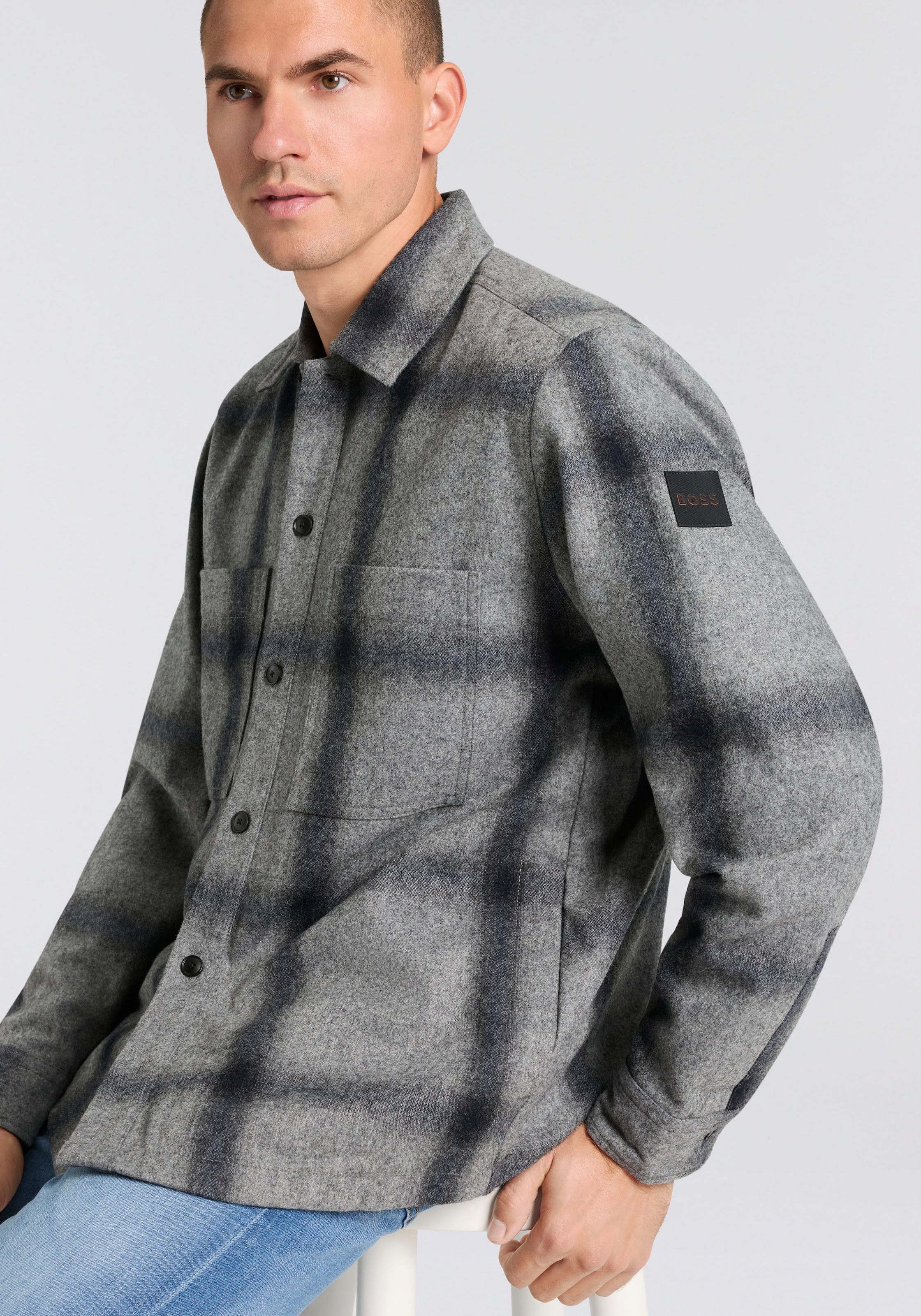 BOSS ORANGE Chemise à manches longues »Locky« melierte Wollmischung, Karo-Design, oversize fit