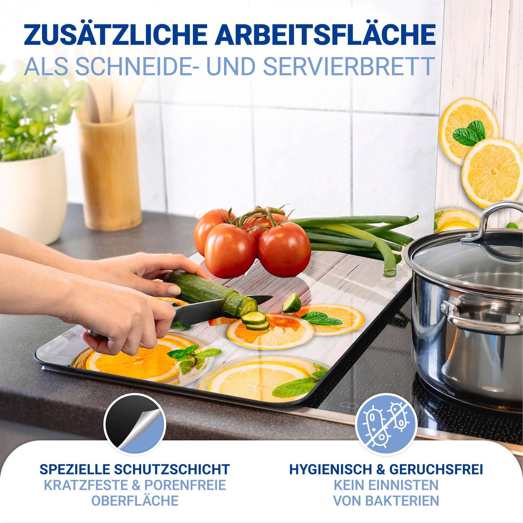 WENKO Herd-Abdeckplatte »Universal Modell Zitronen«, (Set, 2 tlg.), Herdabdeckung für alle Herdarten, kratzfest, mit rutschfesten Füssen