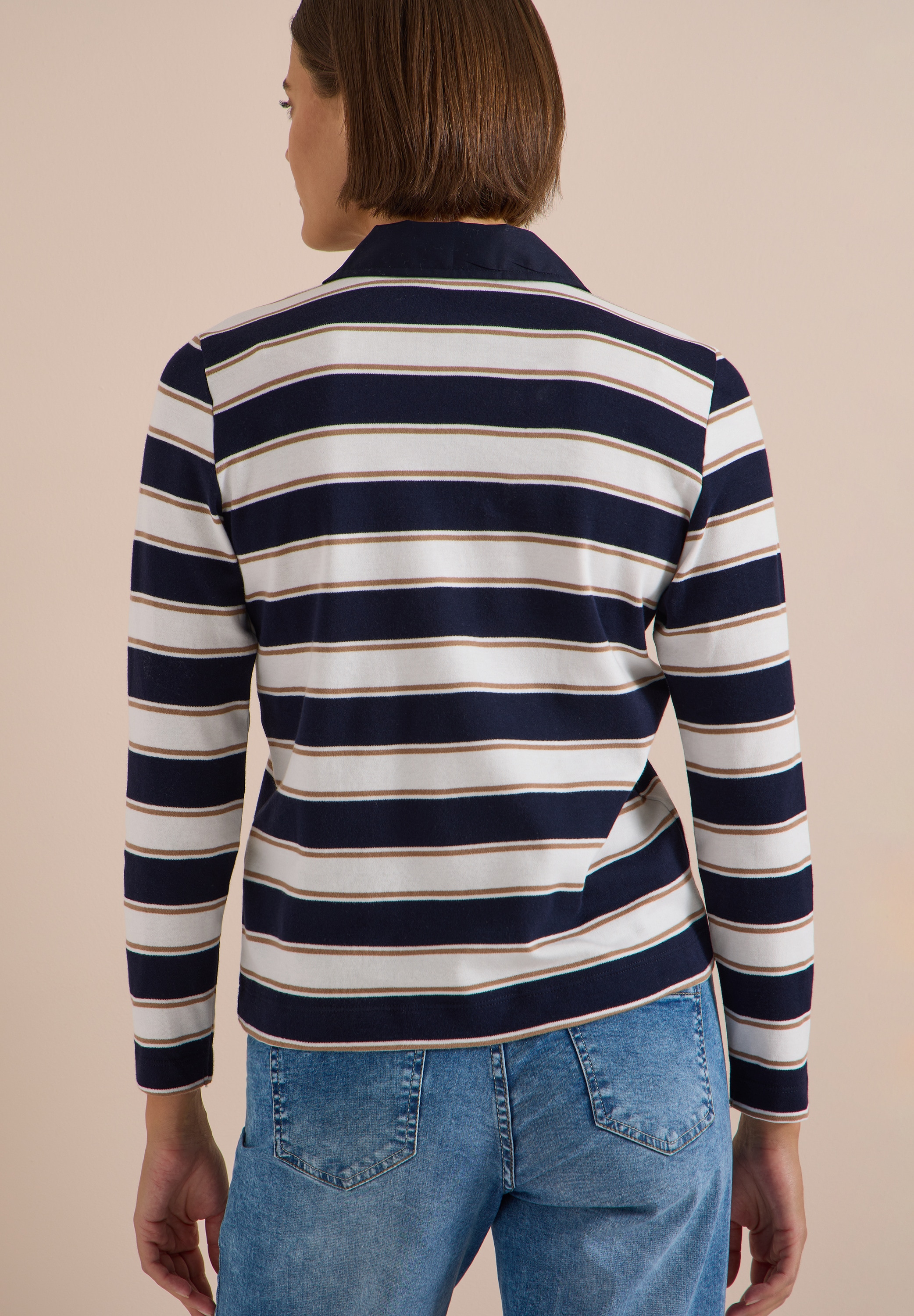 Cecil Langarm-Poloshirt mit Streifen und Stickerei