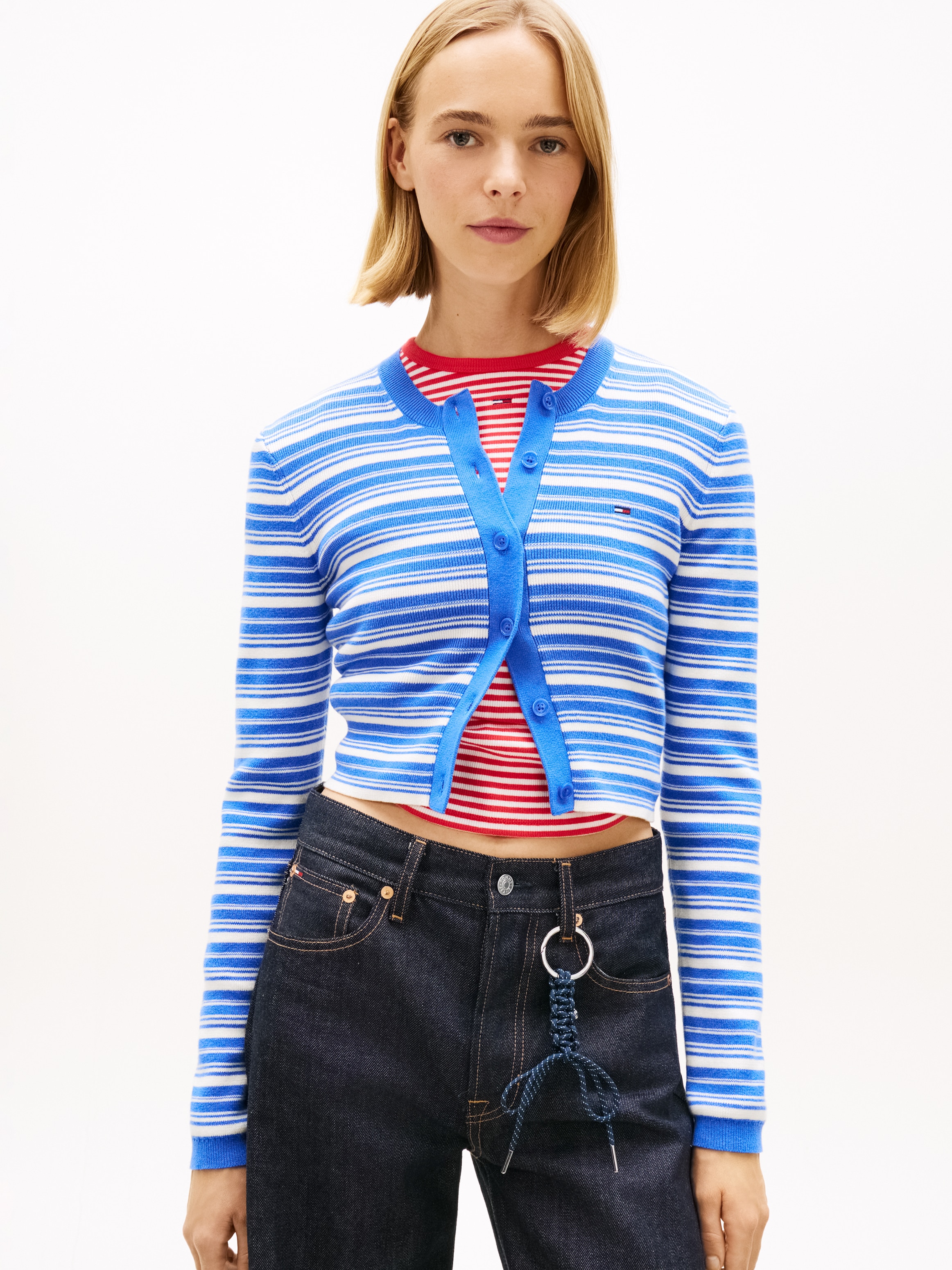Tommy Jeans Veste en tricot »TJW CREW NECK STRIPE CARDI EXT« coton pur, look rayé