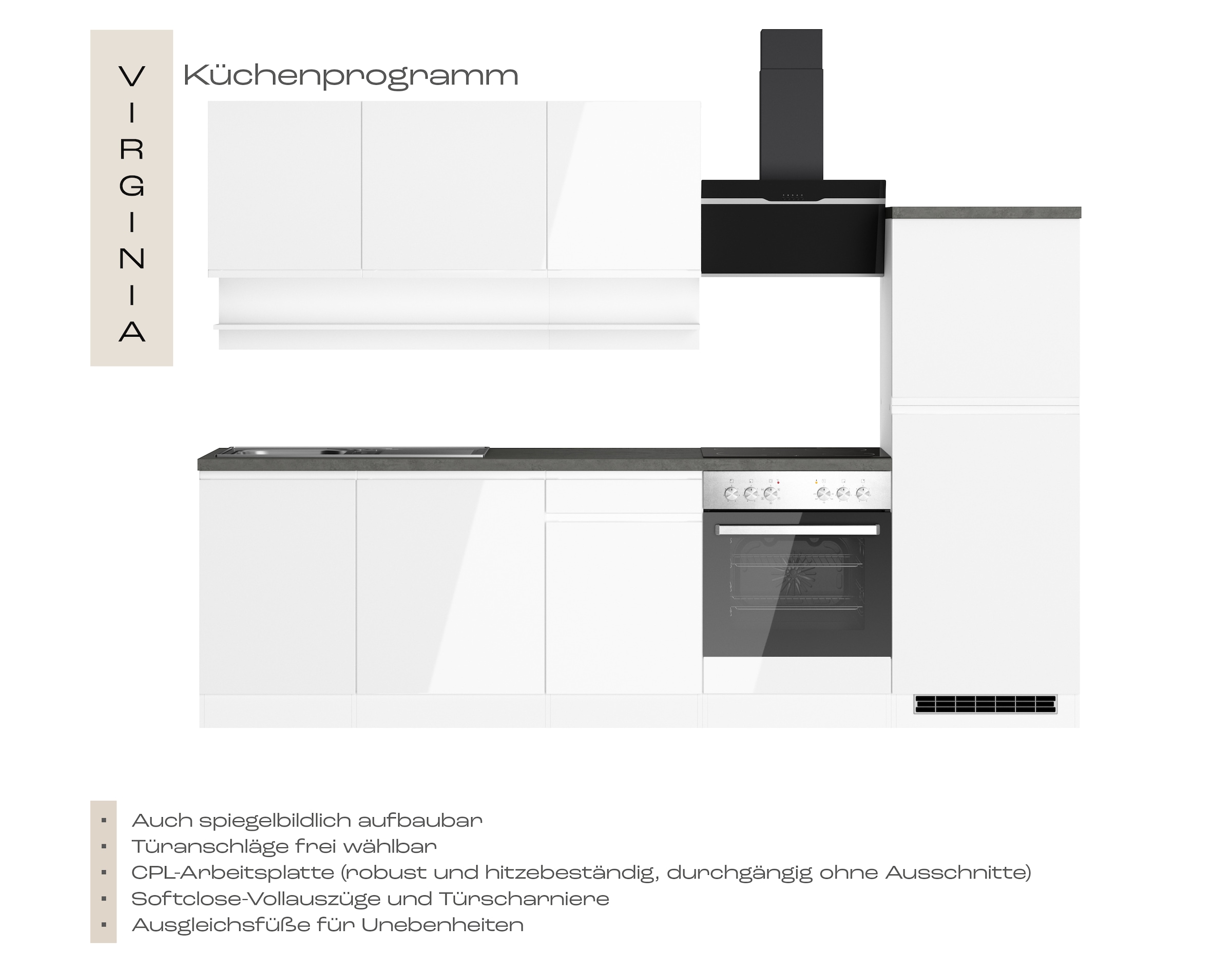 KOCHSTATION Kitchenette »KS-Virginia,neu in verbesserter Ausführung« plan de travail épaisseur 38 mm, rangement, fermeture douce,  Largeur 280 cm, fermeture douce, avec ou sans appareils électriques