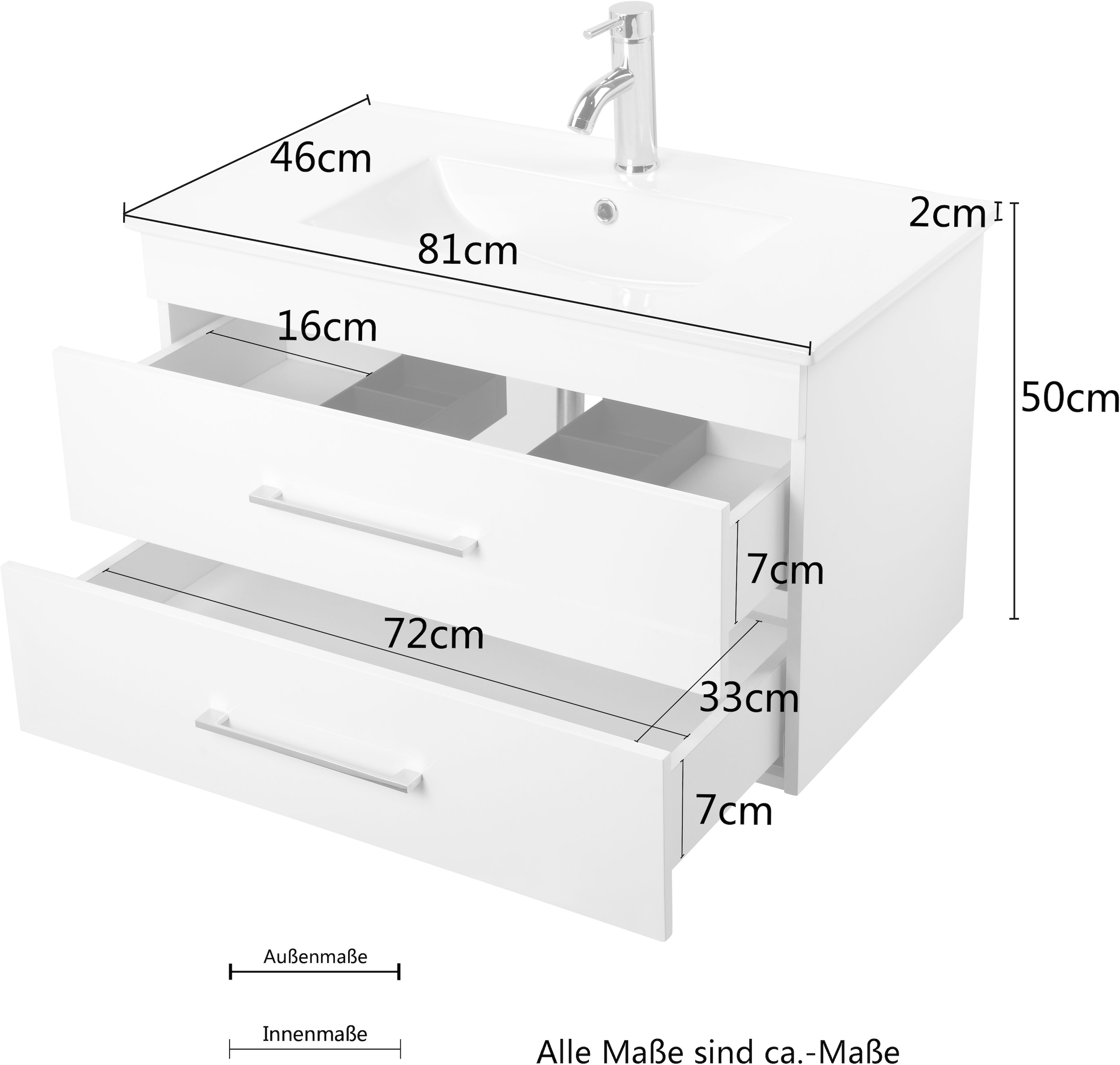 welltime Waschtisch »Florenz Badmöbel Badschrank mit Waschbecken« Waschplatz mit 2 Auszügen und Softclose Breite 80cm