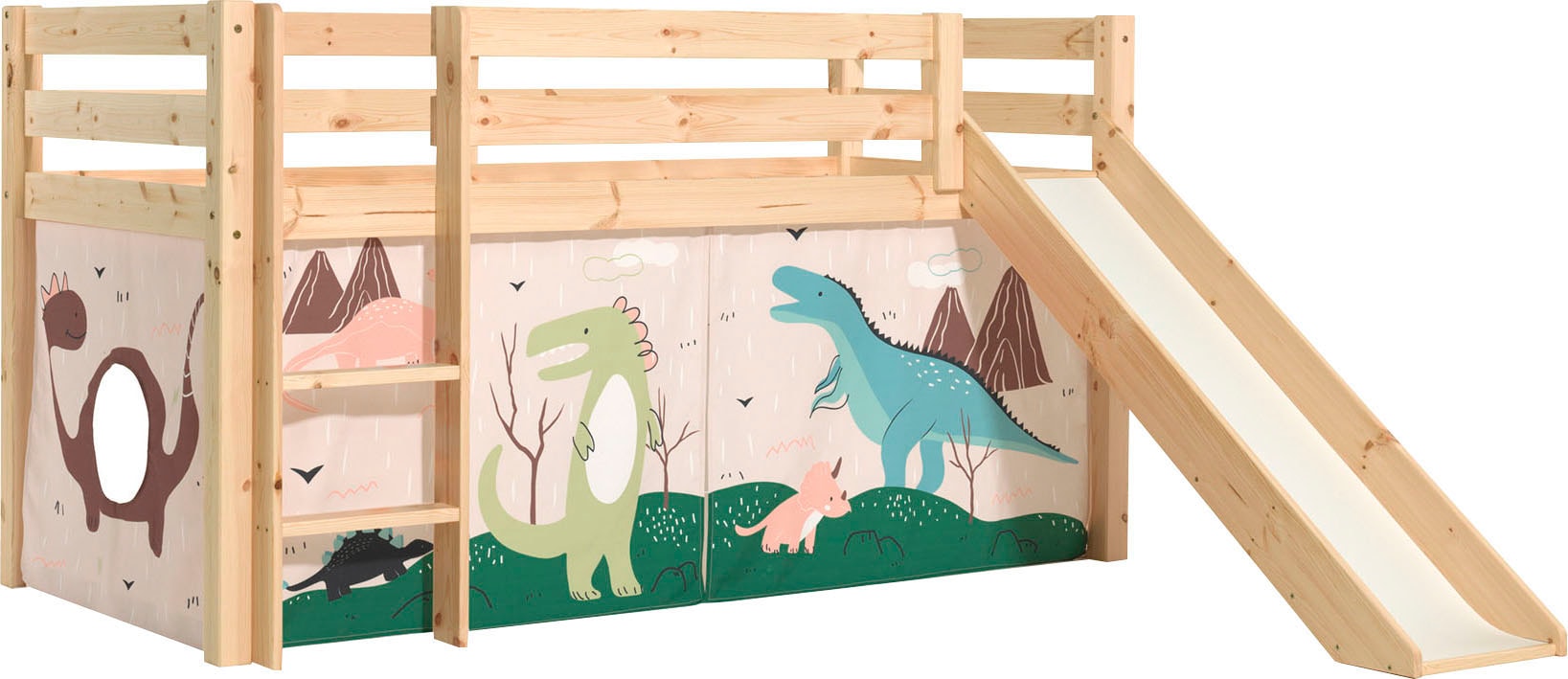 Image of Vipack Spielbett "Pino, Kiefer massiv, mit Rolllattenrost u. Textil-Set, Made in Europe" B/H/T ca. 210x114x218cm, mit Absturzschutz, Leiter und Rutsche, verschiedene Textil-Designs und Holzfarben zur Wahl