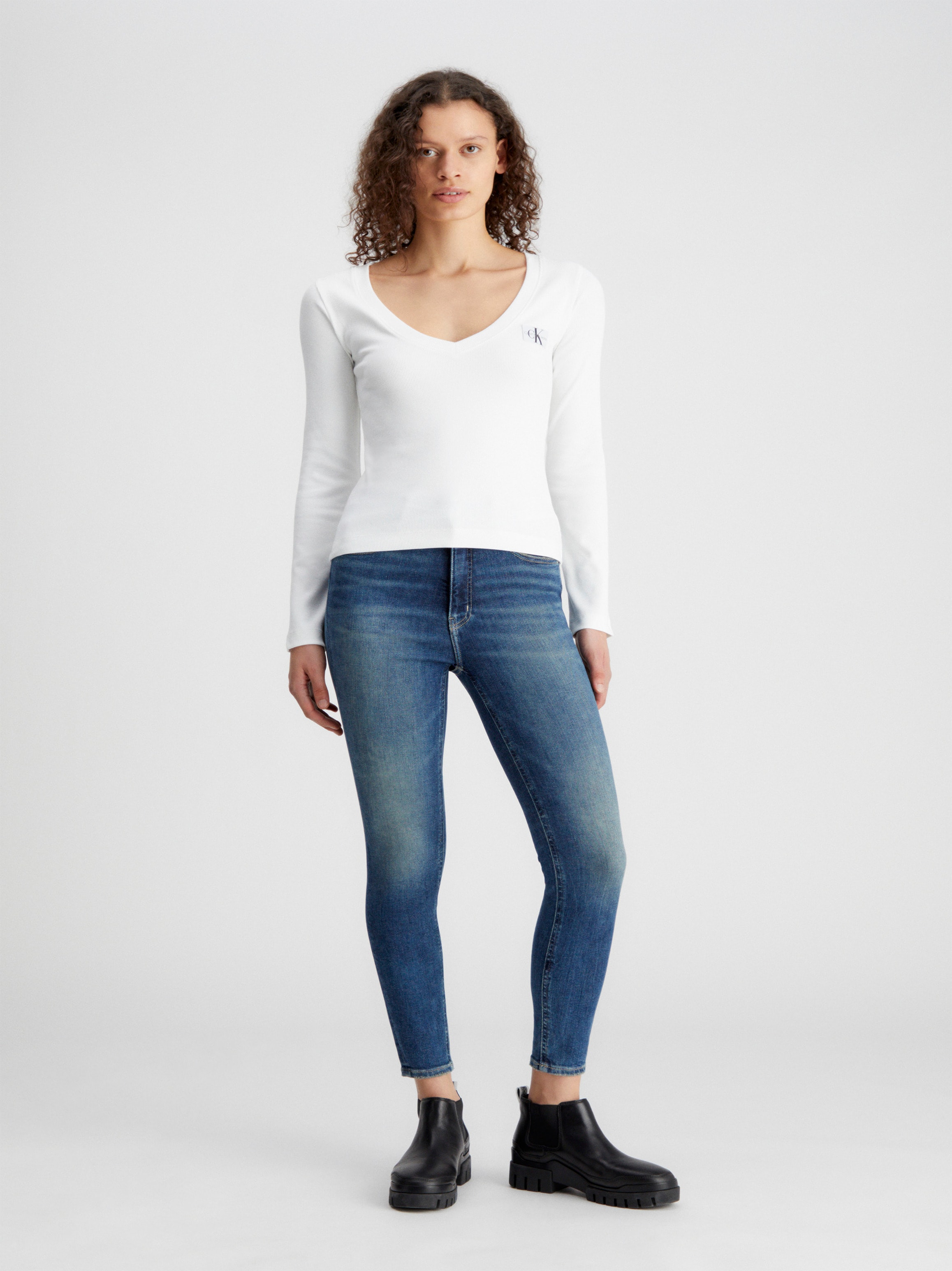 Calvin Klein Jeans Langarmshirt »WOVEN LABEL V-NECK LONG SLEEVE«