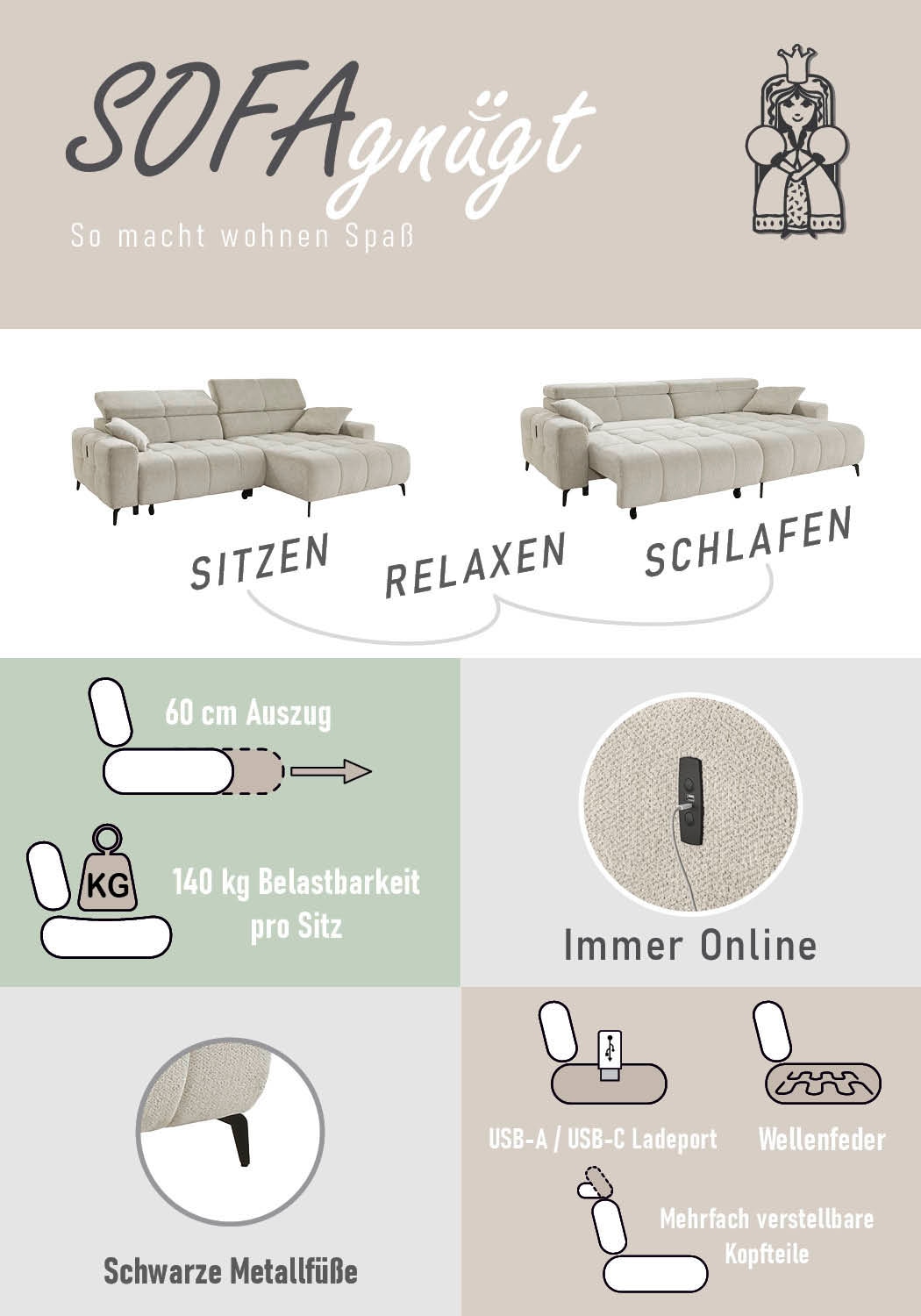 Jockenhöfer Gruppe »Racer L-Form, B: 290 cm, 60 cm elektrische Sitztiefenverstellung« USB-Ports, Kopfstützen verstellbar, Zierkissen, bis 140 kg/Sitz