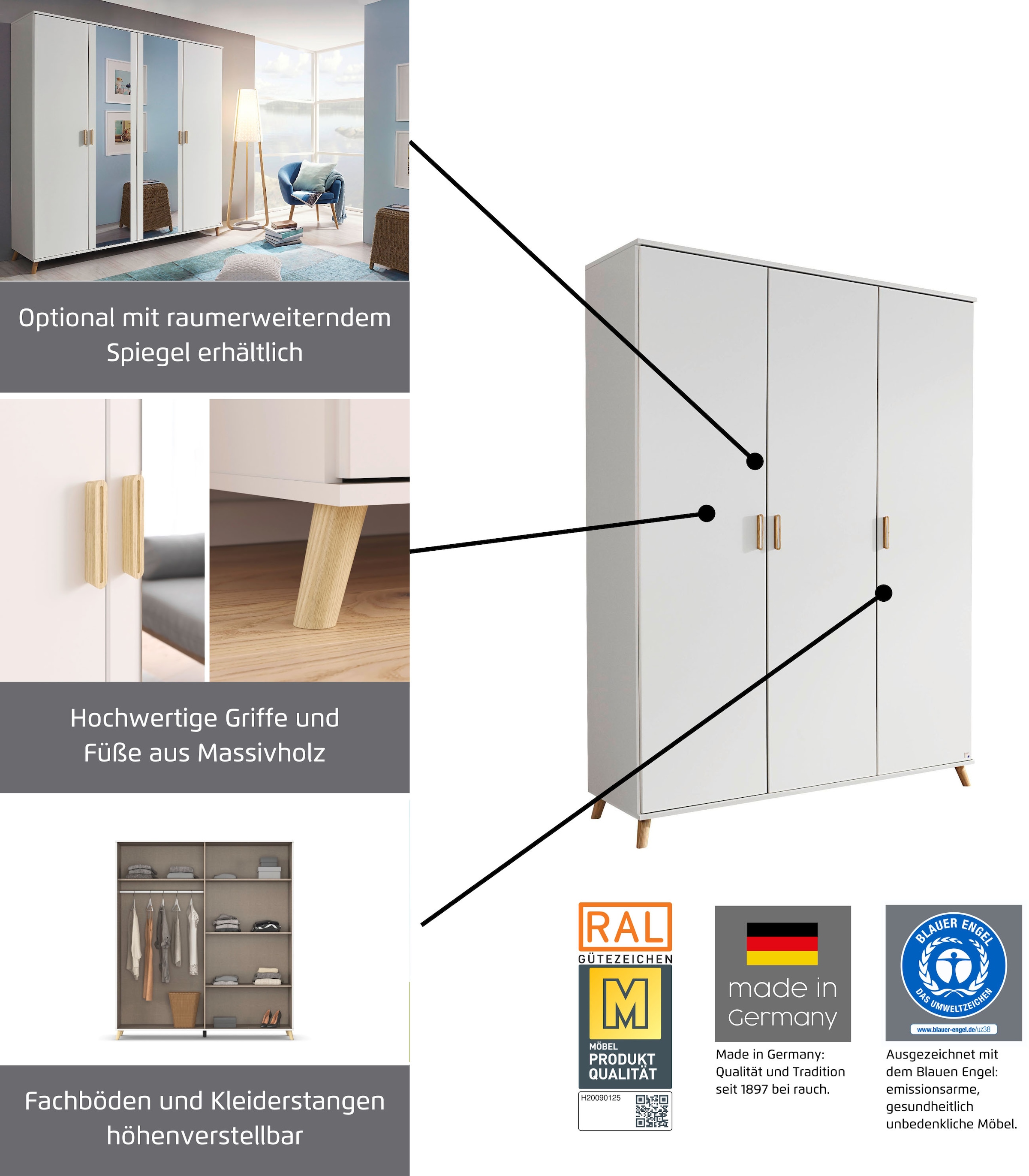 rauch Kleiderschrank »Ottos Choice Skandi Kinderzimmer Bestseller Schlafzimmerschrank FALUN« Breite 92/137/182, Höhe 203 cm,  im modernen Skandi-Look, Füsse/Griffe Eiche massiv MADE IN GERMANY