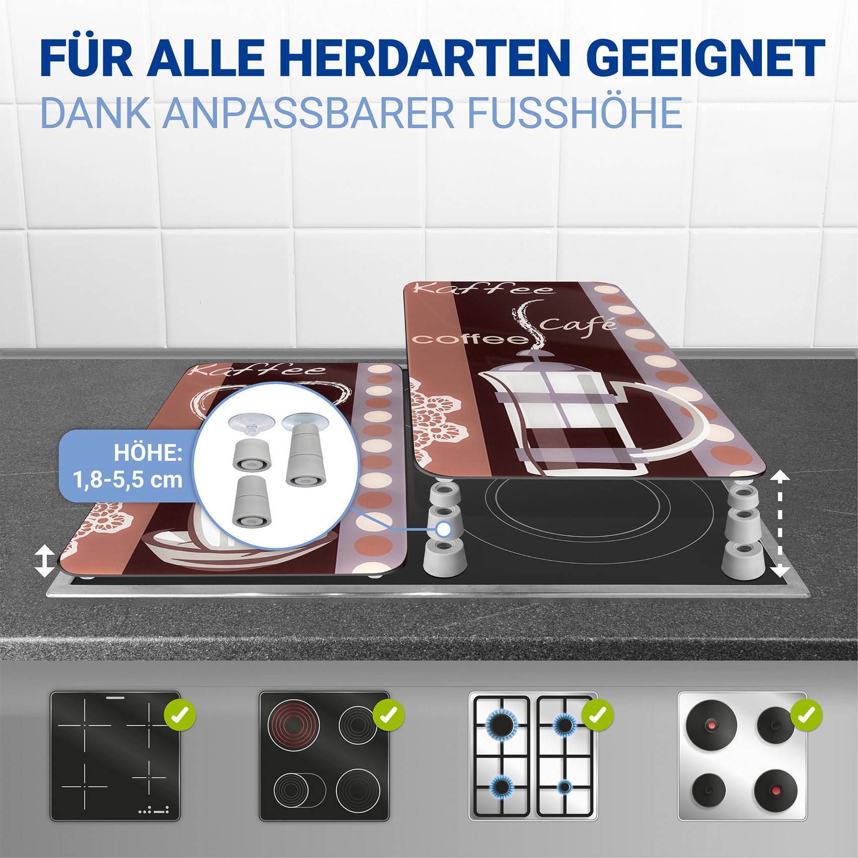 WENKO Herd-Abdeckplatte »Universal Modell Kaffeeduft«, (Set, 2 tlg.), Herdabdeckung für alle Herdarten, kratzfest, mit rutschfesten Füssen