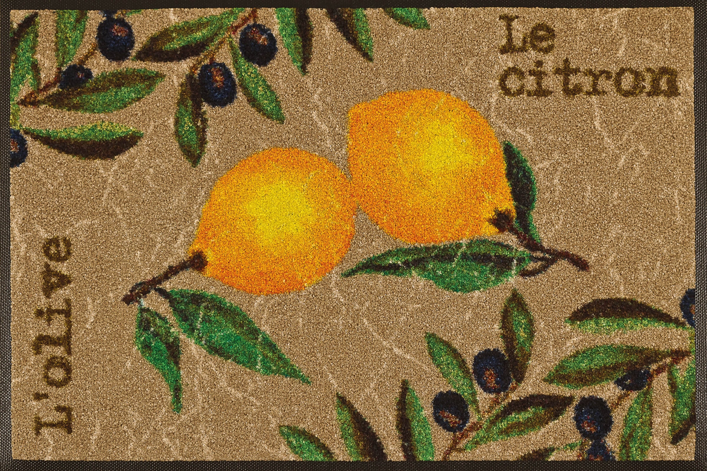 Image of wash+dry by Kleen-Tex Fussmatte "Le Citron" rechteckig 7 mm Höhe Schmutzfangmatte, Motiv Oliven & Zitronen, rutschhemmend, waschbar