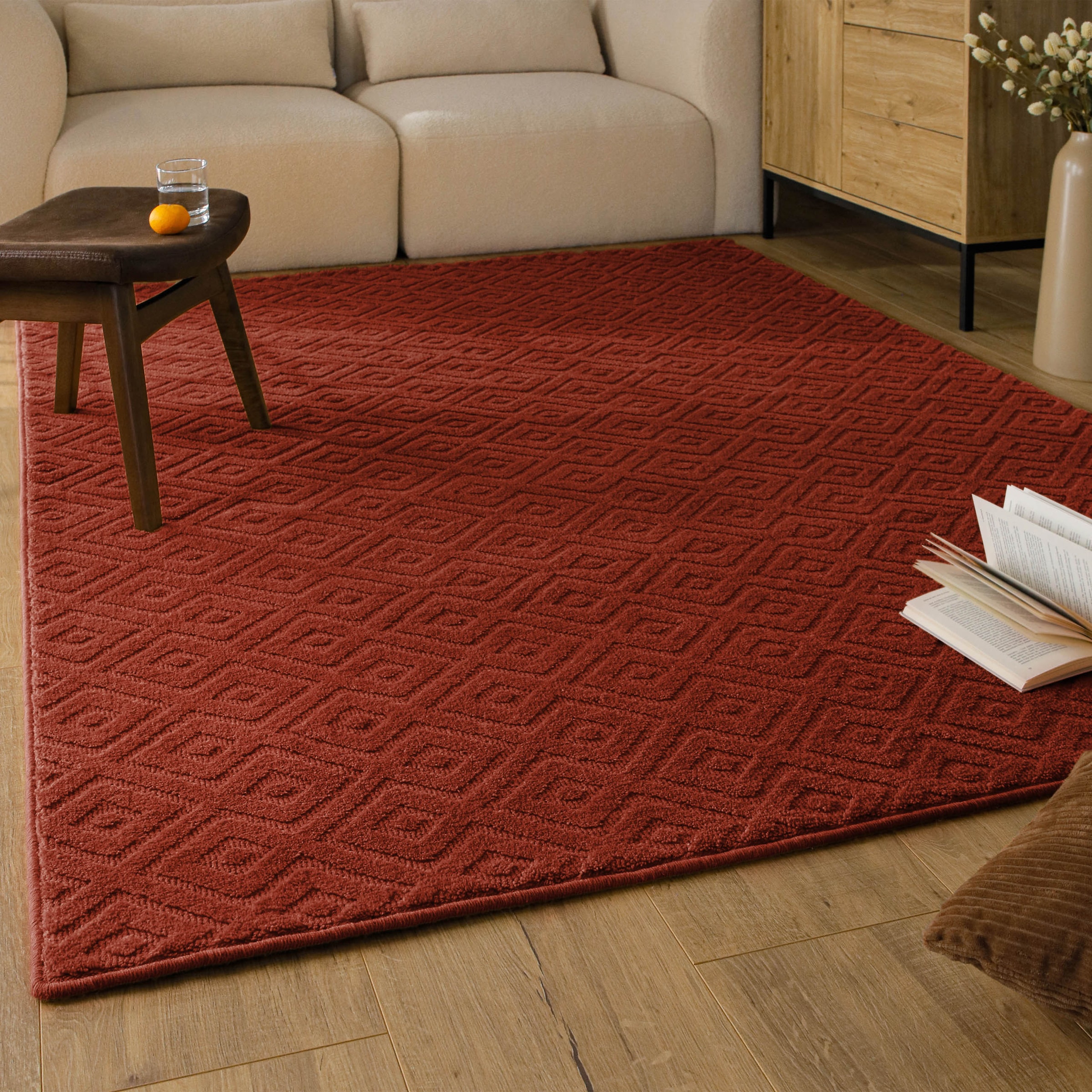 Wecon home Tapis »Castello TWO« Rectangulaire 7 mm Höhe Schurwolle, Kurzflor mit Hoch-Tief-Effekt, Wohnzimmer, Rautenmuster