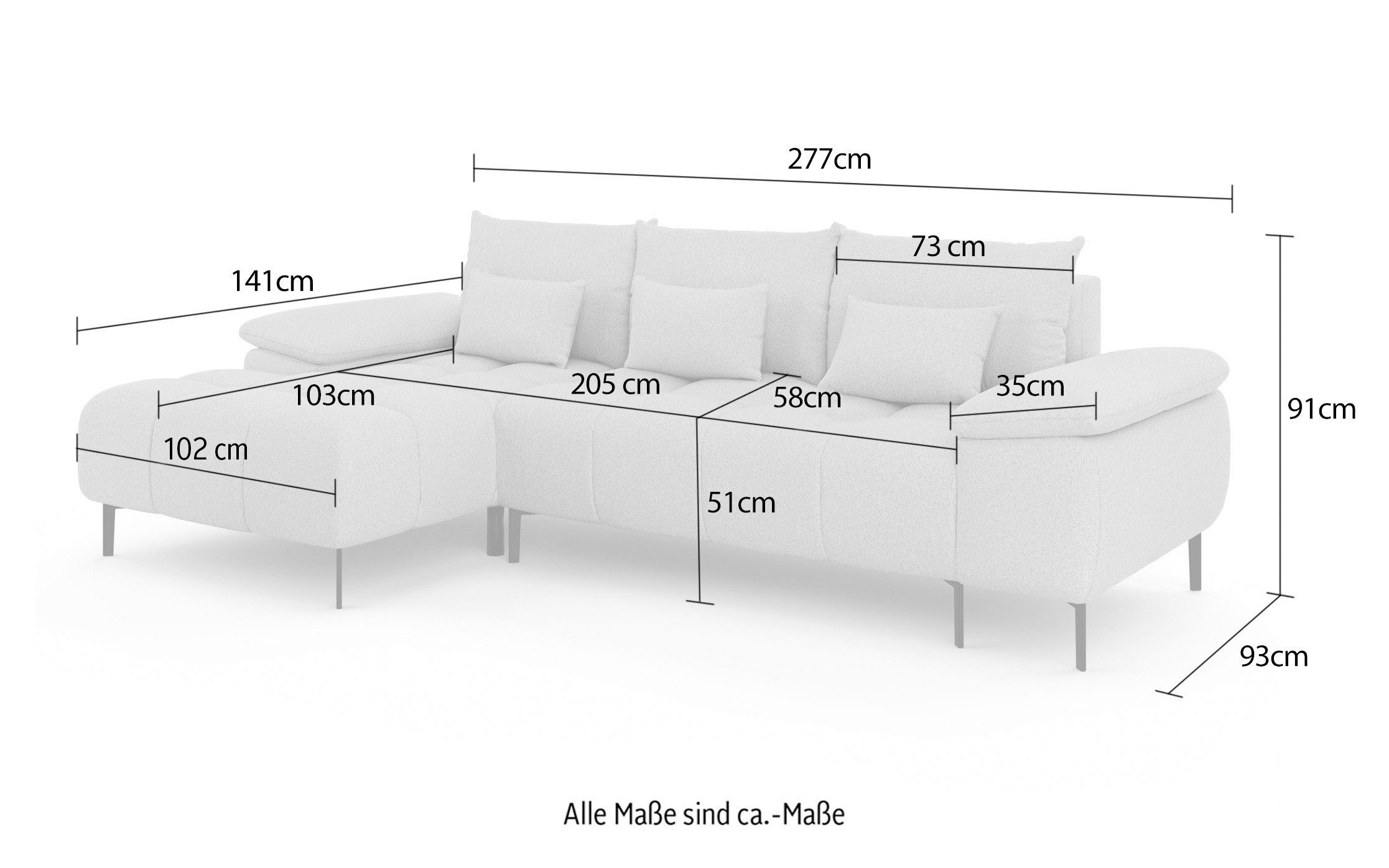 INOSIGN Ecksofa »DROMARA Schlafsofa mit Bettkasten, Masse: B/T/H 277/141/91 cm«, L-Form mit Recamiere rechts/links bestellbar, Wellenunterfederung