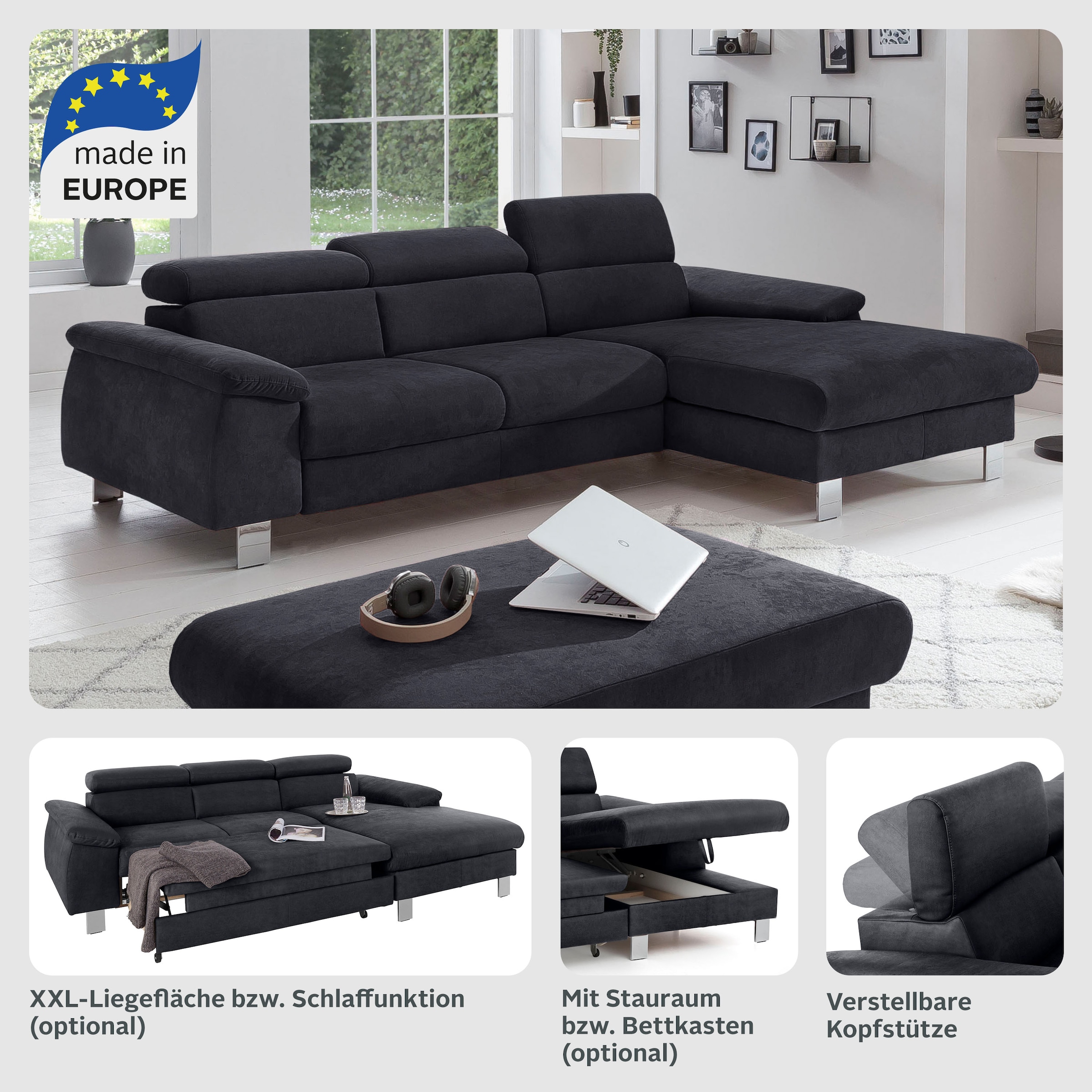 COTTA Canapé d'angle »Komaris L-Form, B: 244 cm« mit Kopfteilverstellung, optional Bettfunktion, Bettkasten & Licht