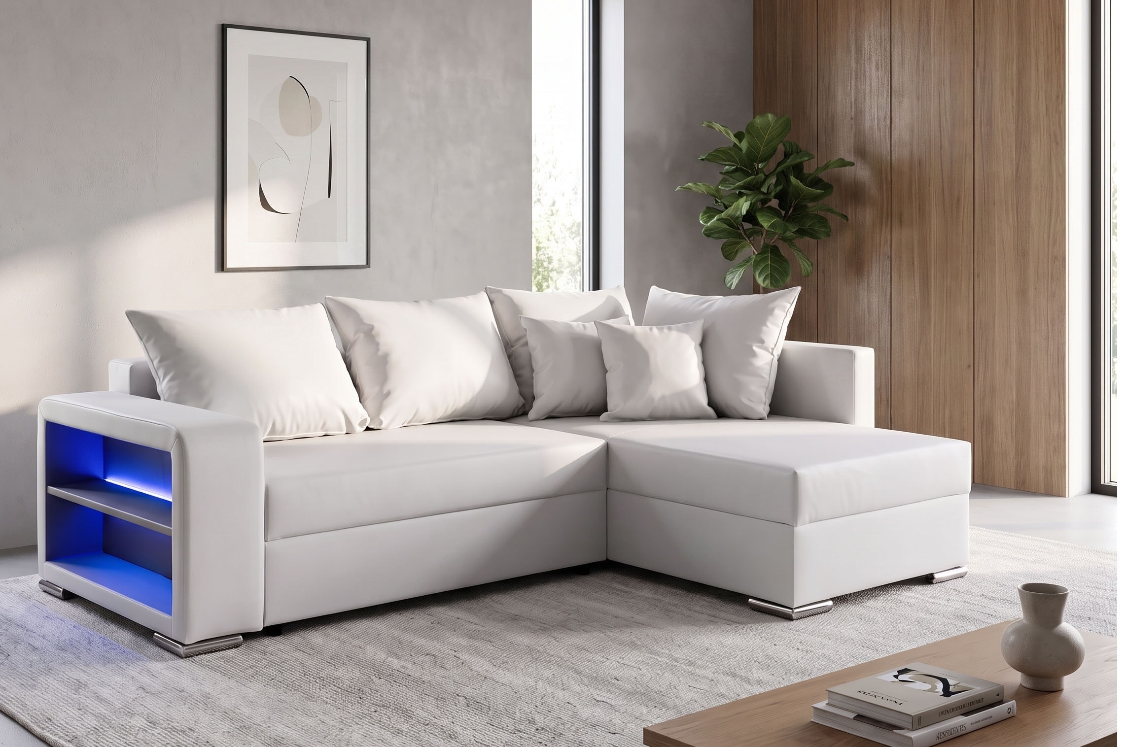 Image of COLLECTION AB Ecksofa "John L-Form, B: 226 cm, Schlaffunktion & Bettkasten" Regalelement mit Licht, Couch mit Federkern, 2 Zierkissen