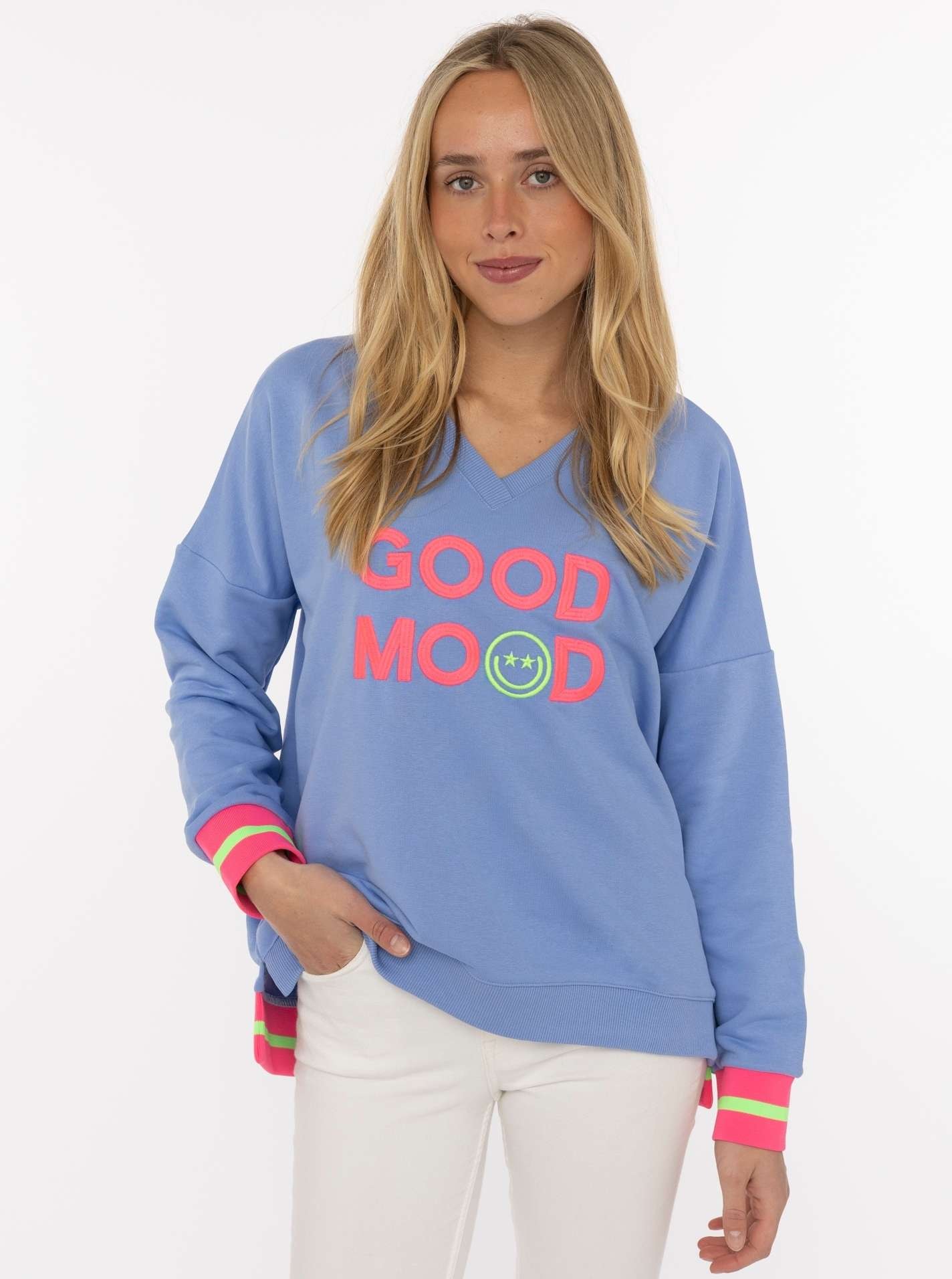 Zwillingsherz Sweatshirt »Dana«, Neon-Bündchen, V-Ausschnitt, Langarm, Front-Stickerei
