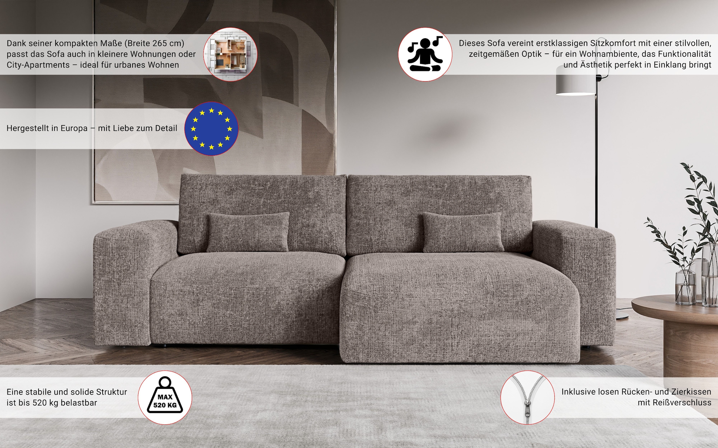 GOODproduct Ecksofa »MATTS Schlafsofa mit Bettkasten, Masse B/T/H: 265/159/89 cm« L-Form mit Recamiere rechts oder links, hoher Sitzkomfort